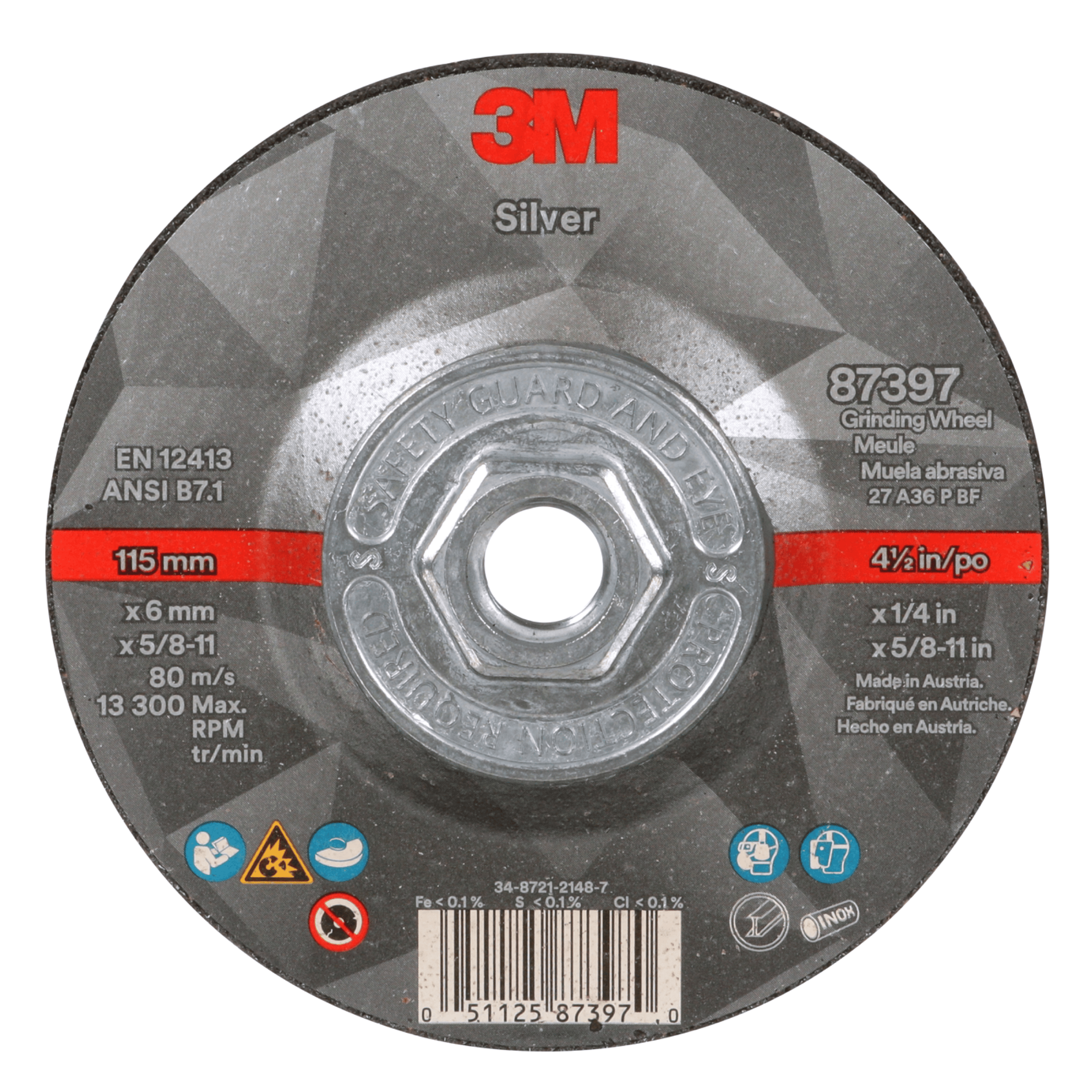 3M™ Silver Depressed Center Grinding Wheel, 87397, 36+, T27 Quick Change, 4.5 in x 1/4 in x 5/8 in-11, 10/Carton, 20 ea/Case