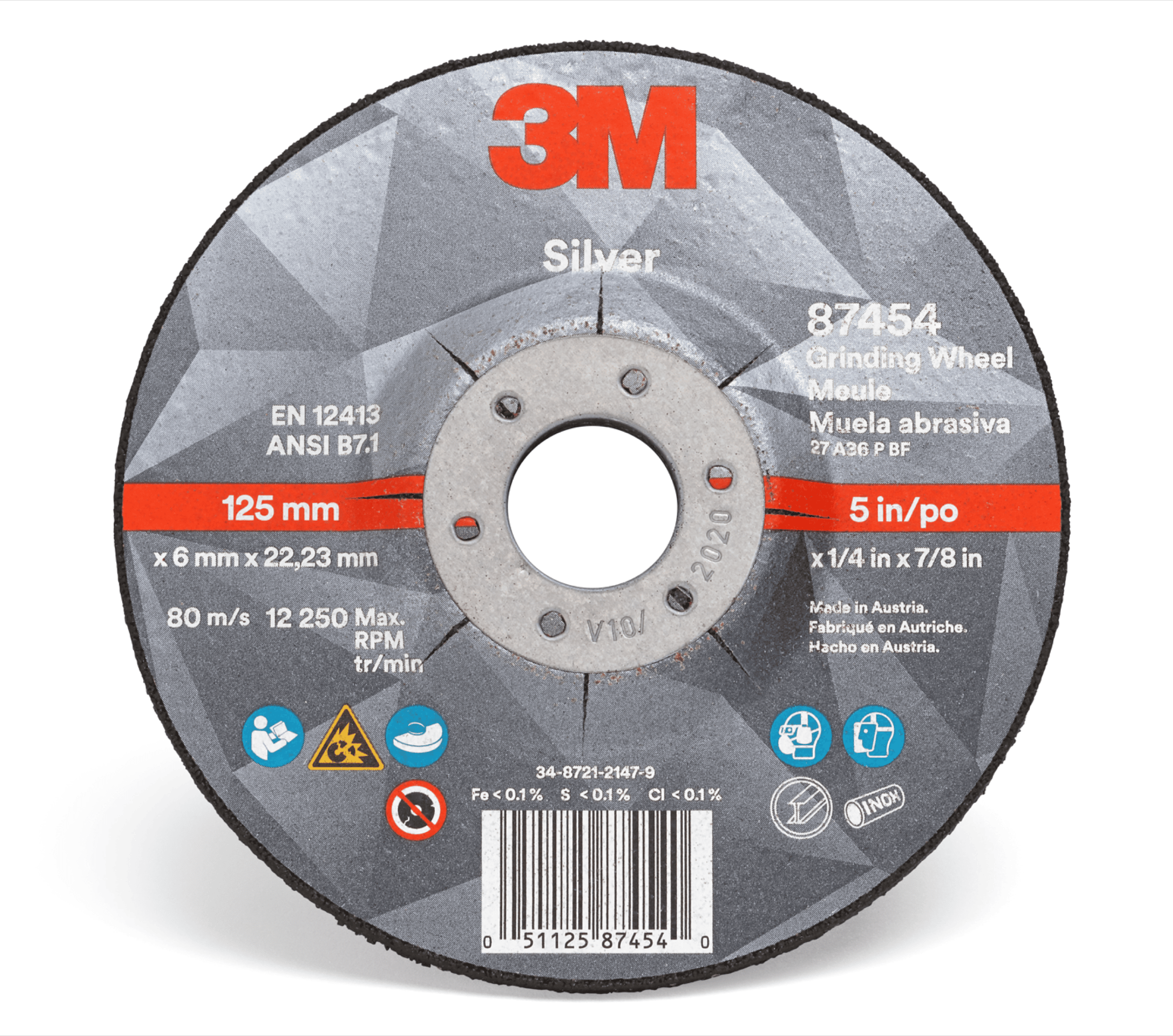 3M™ Silver Depressed Center Grinding Wheel, 87454, 36+, T27, 5 in x 1/4 in x 7/8 in, 10/Carton, 20 ea/Case