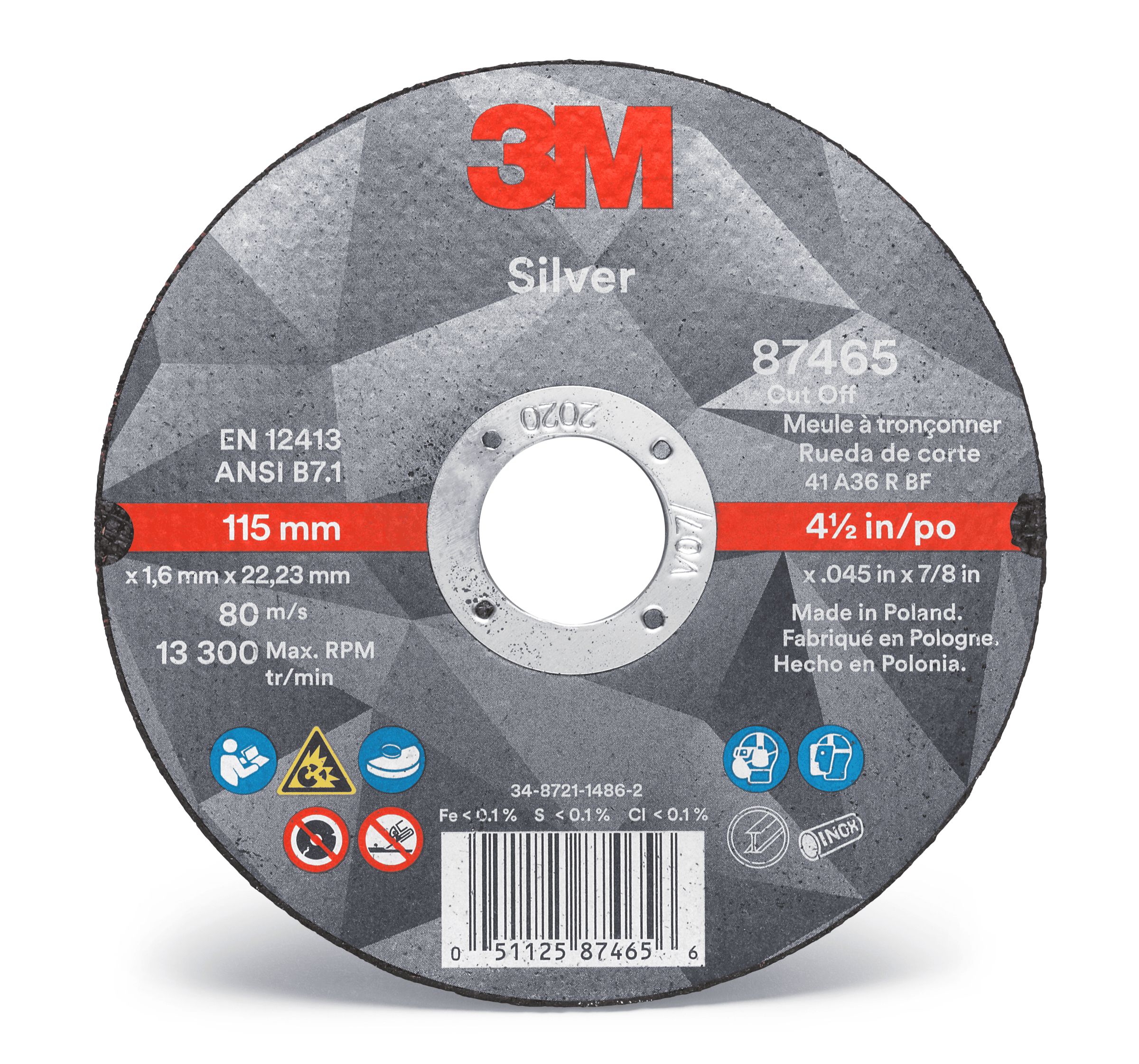 3M™ Silver Cut-Off Wheel, 87465, 36+, T1, 4.5 in x 0.045 in x 7/8 in, 50 ea/Case