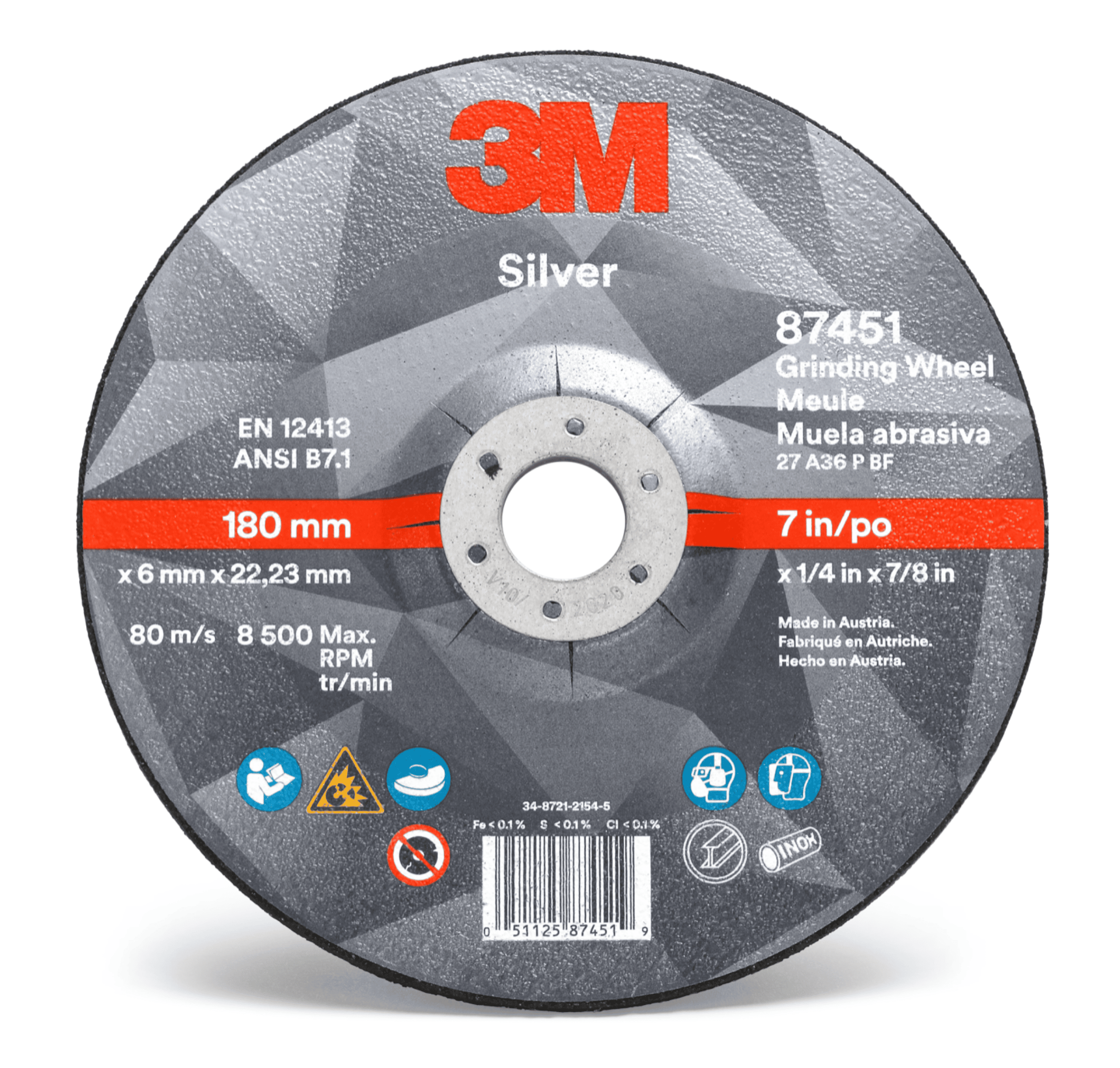 3M™ Silver Depressed Center Grinding Wheel, 87451, 36+, T27, 7 in x 1/4 in x 7/8 in, 10/Carton, 20 ea/Case