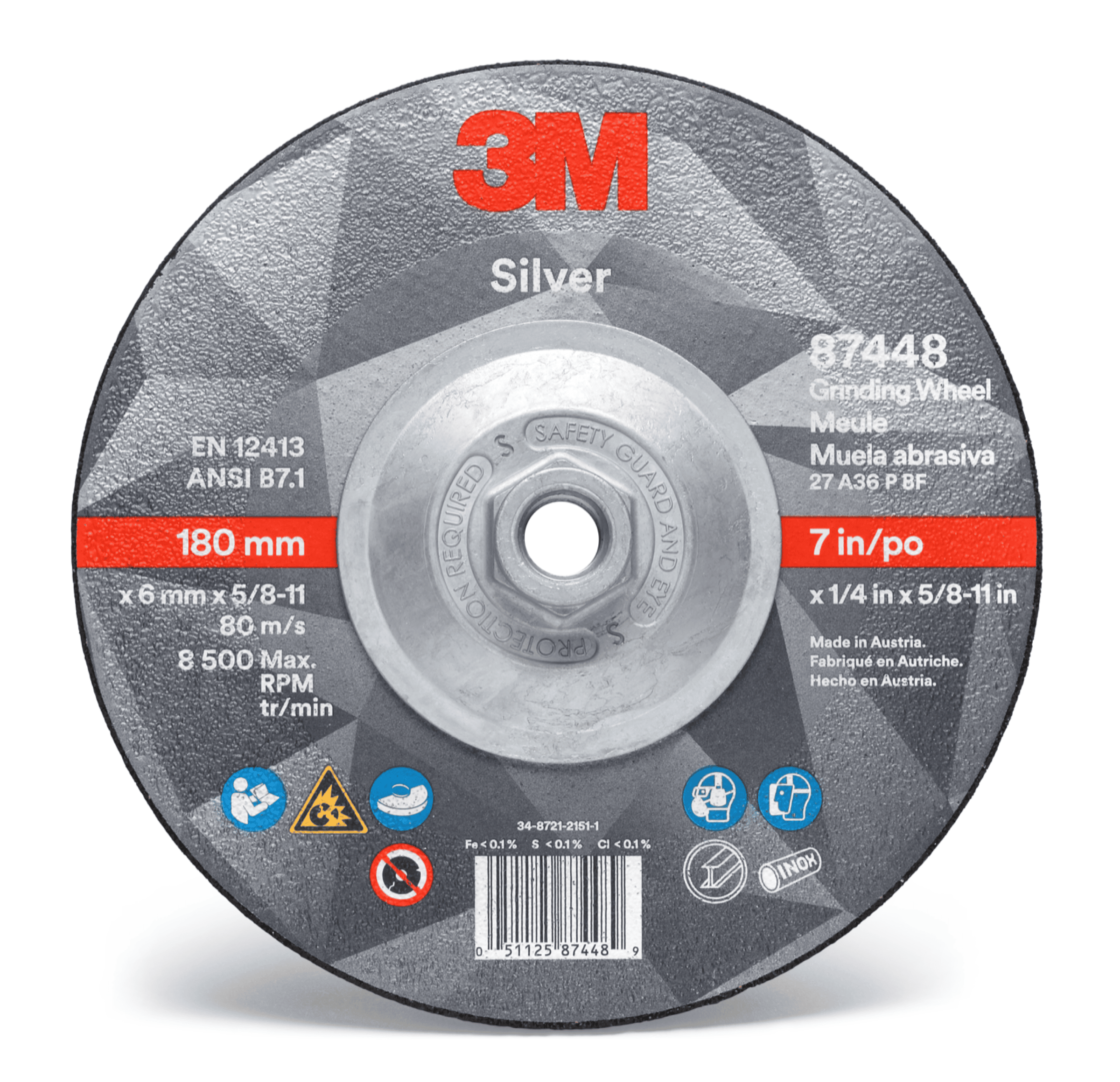 3M™ Silver Depressed Center Grinding Wheel, 87448, 36+, T27 Quick Change, 7 in x 1/4 in x 5/8 in-11, 10/Carton, 20 ea/Case