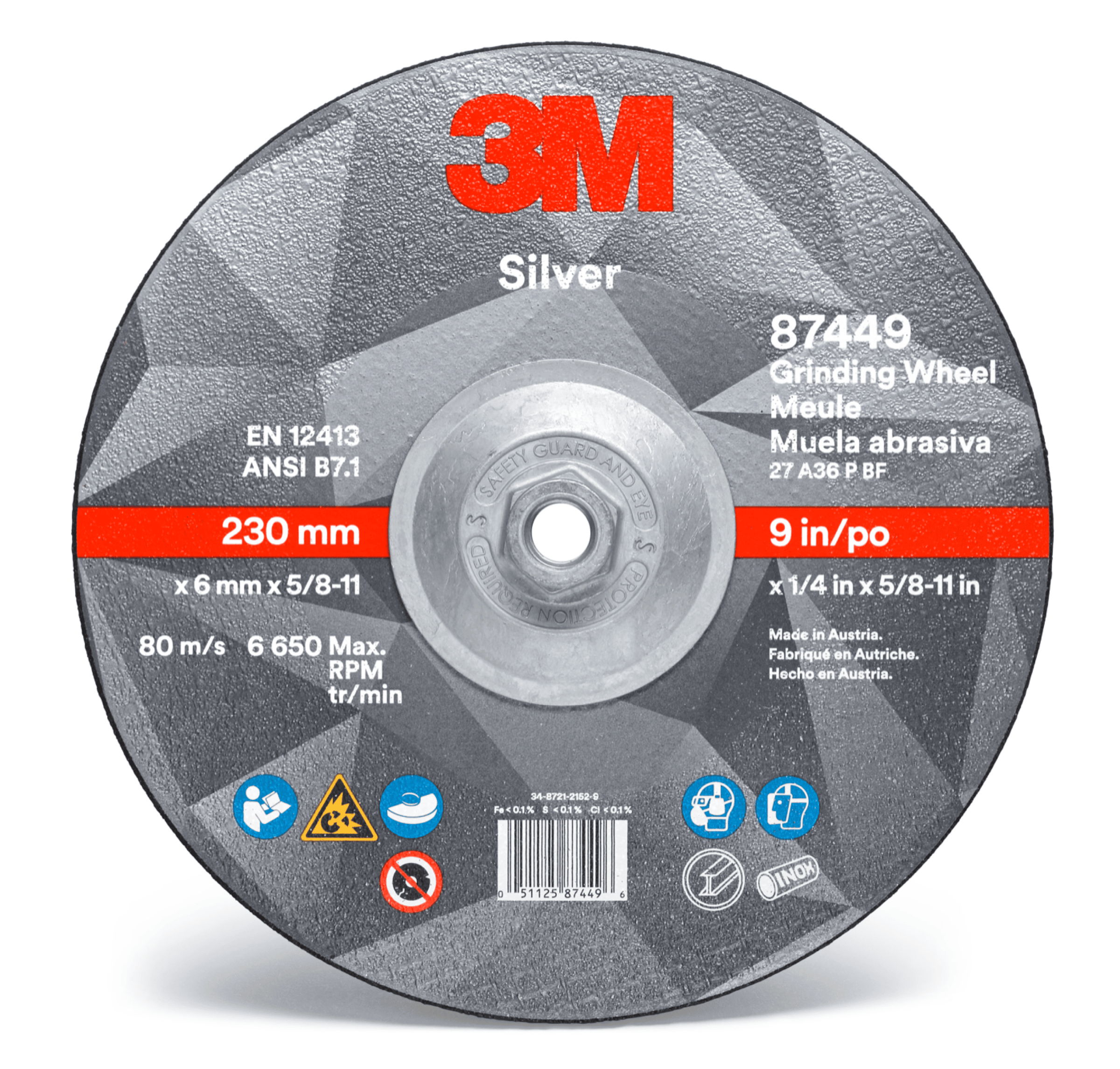 3M™ Silver Depressed Center Grinding Wheel, 87449, 36+, T27 Quick Change, 9 in x 1/4 in x 5/8 in-11, 10/Carton, 20 ea/Case