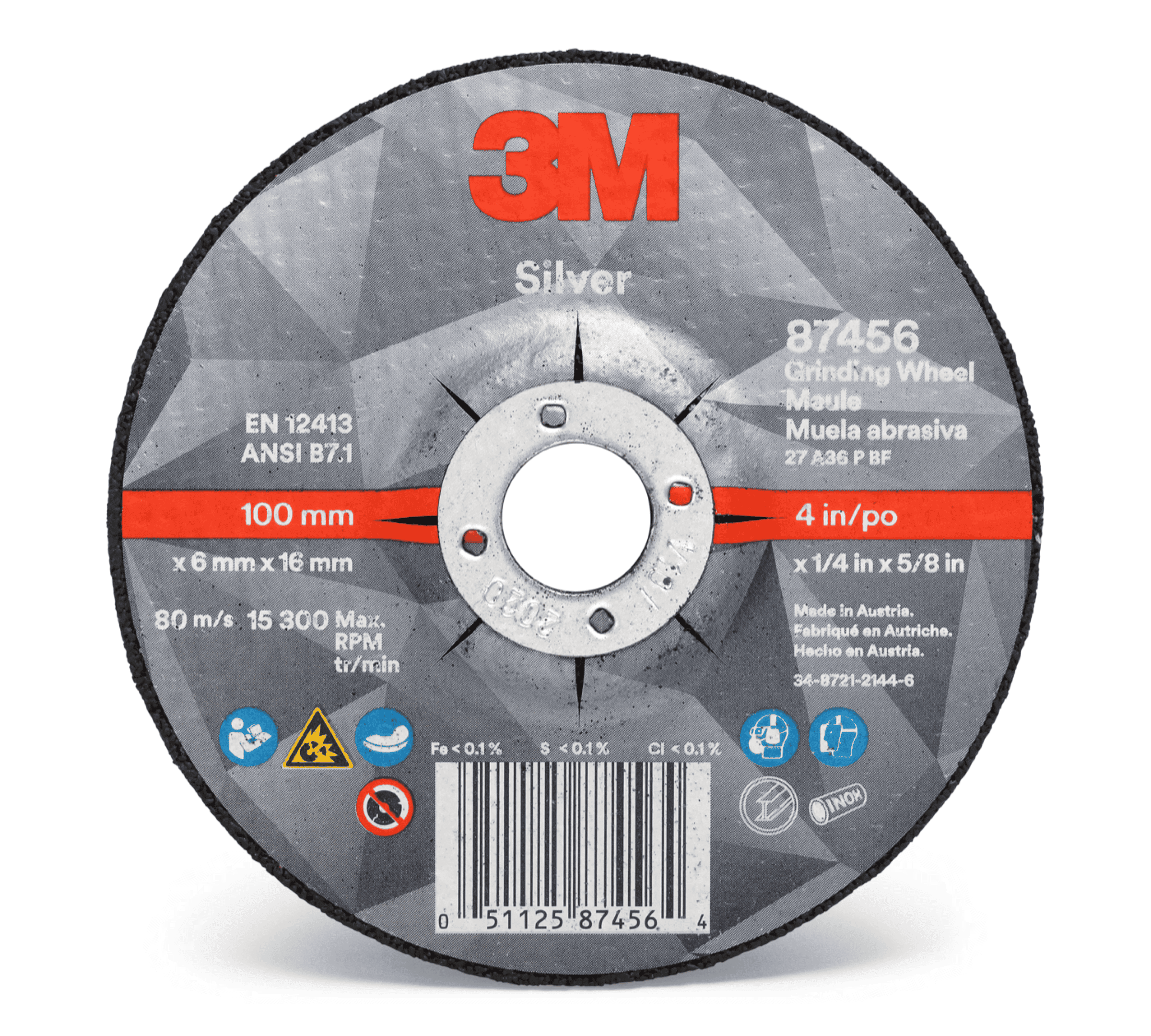 3M™ Silver Depressed Center Grinding Wheel, 87456, 36+, T27, 4 in x 1/4 in x 5/8 in, 10/Carton, 20 ea/Case