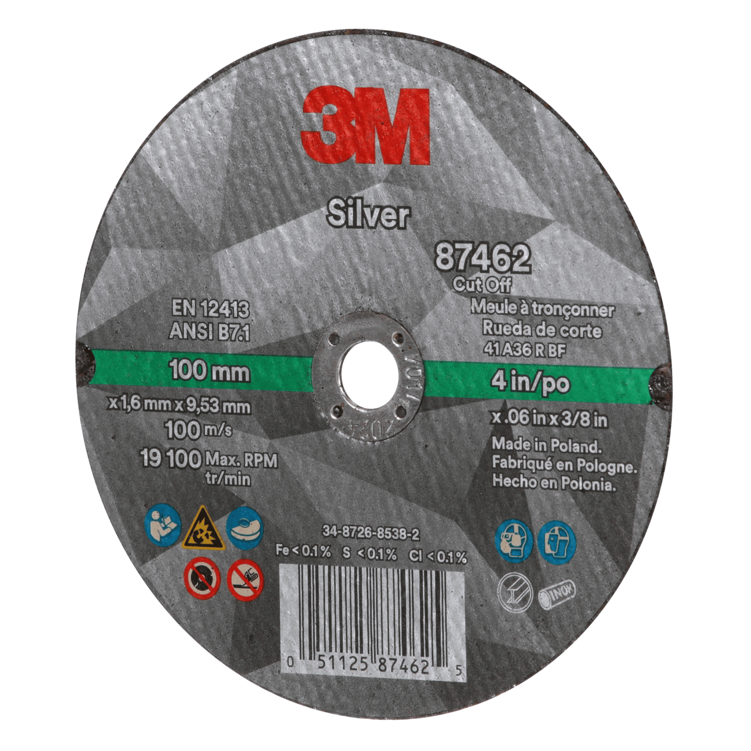 3M™ Silver Cut-Off Wheel, 87462, 36+, T1, 4 in x 0.06 in x 3/8 in, 50 ea/Case