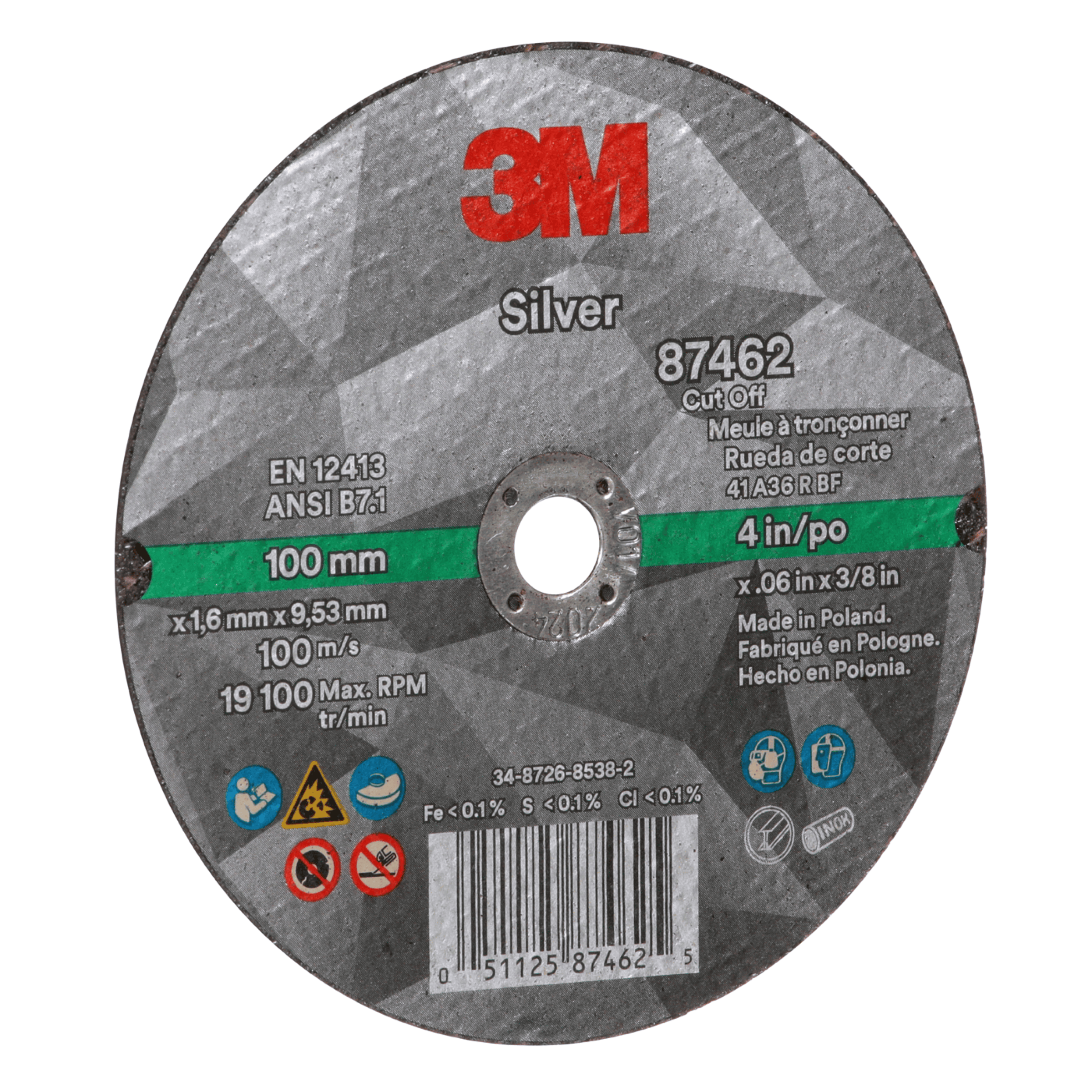 3M™ Silver Cut-Off Wheel, 87462, 36+, T1, 4 in x 0.06 in x 3/8 in, 50 ea/Case