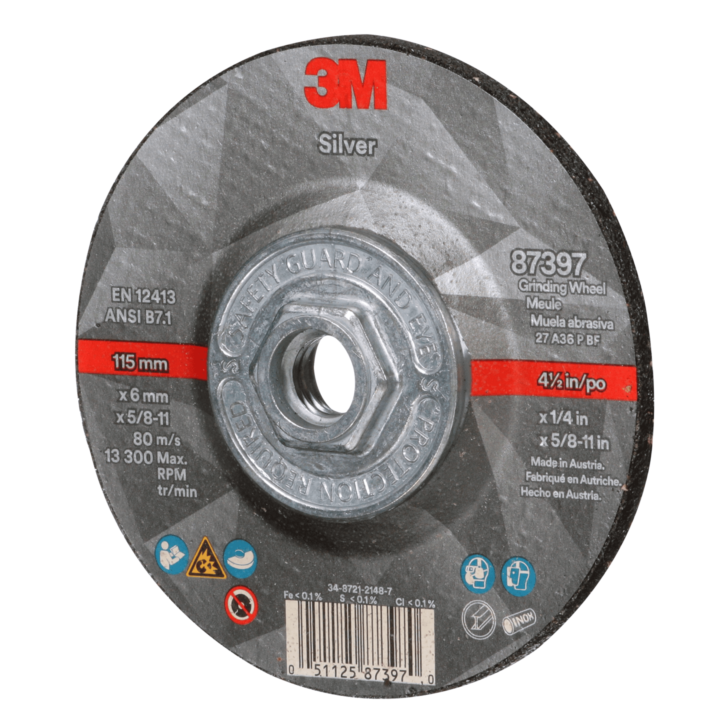3M™ Silver Depressed Center Grinding Wheel, 87397, 36+, T27 Quick Change, 4.5 in x 1/4 in x 5/8 in-11, 10/Carton, 20 ea/Case