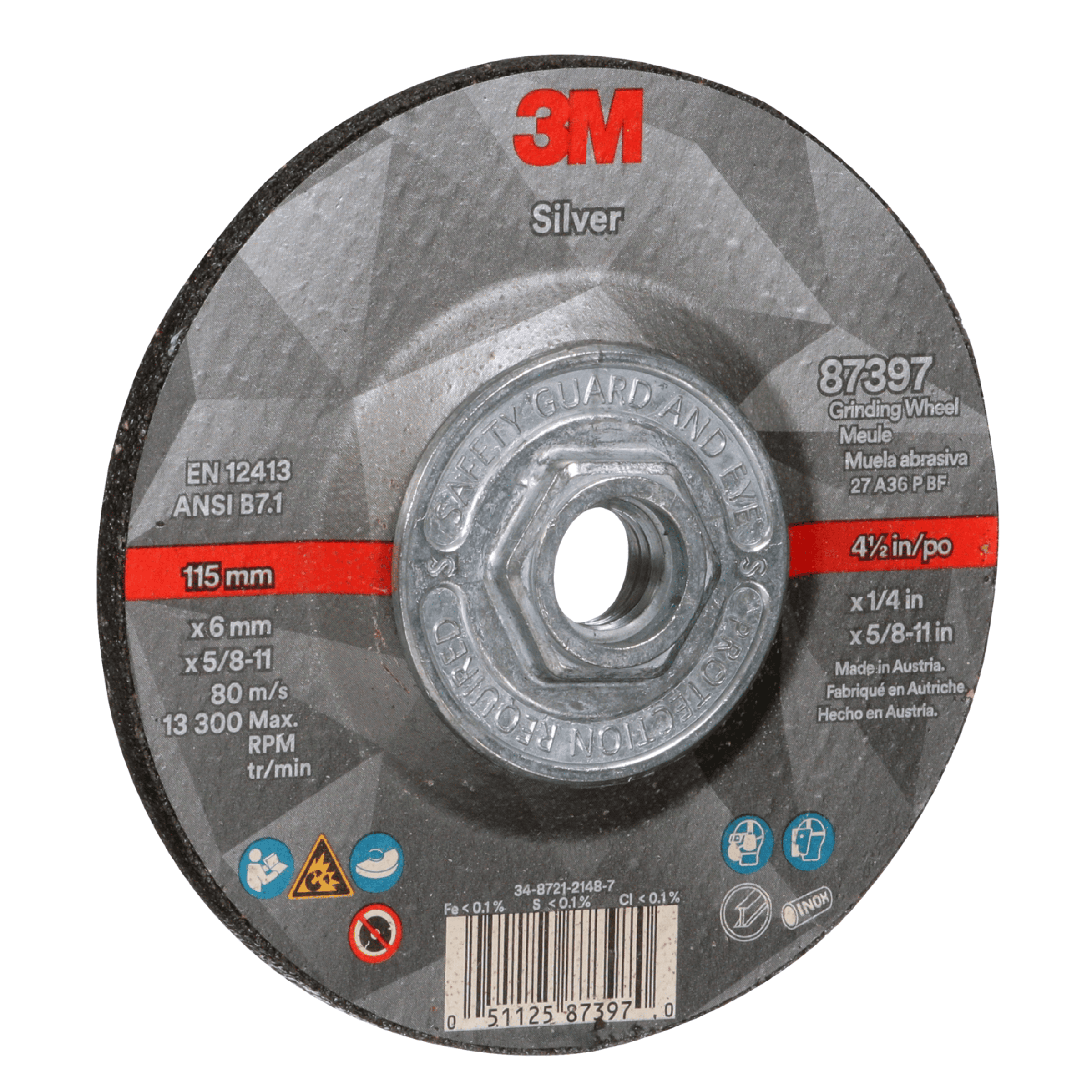 3M™ Silver Depressed Center Grinding Wheel, 87397, 36+, T27 Quick Change, 4.5 in x 1/4 in x 5/8 in-11, 10/Carton, 20 ea/Case