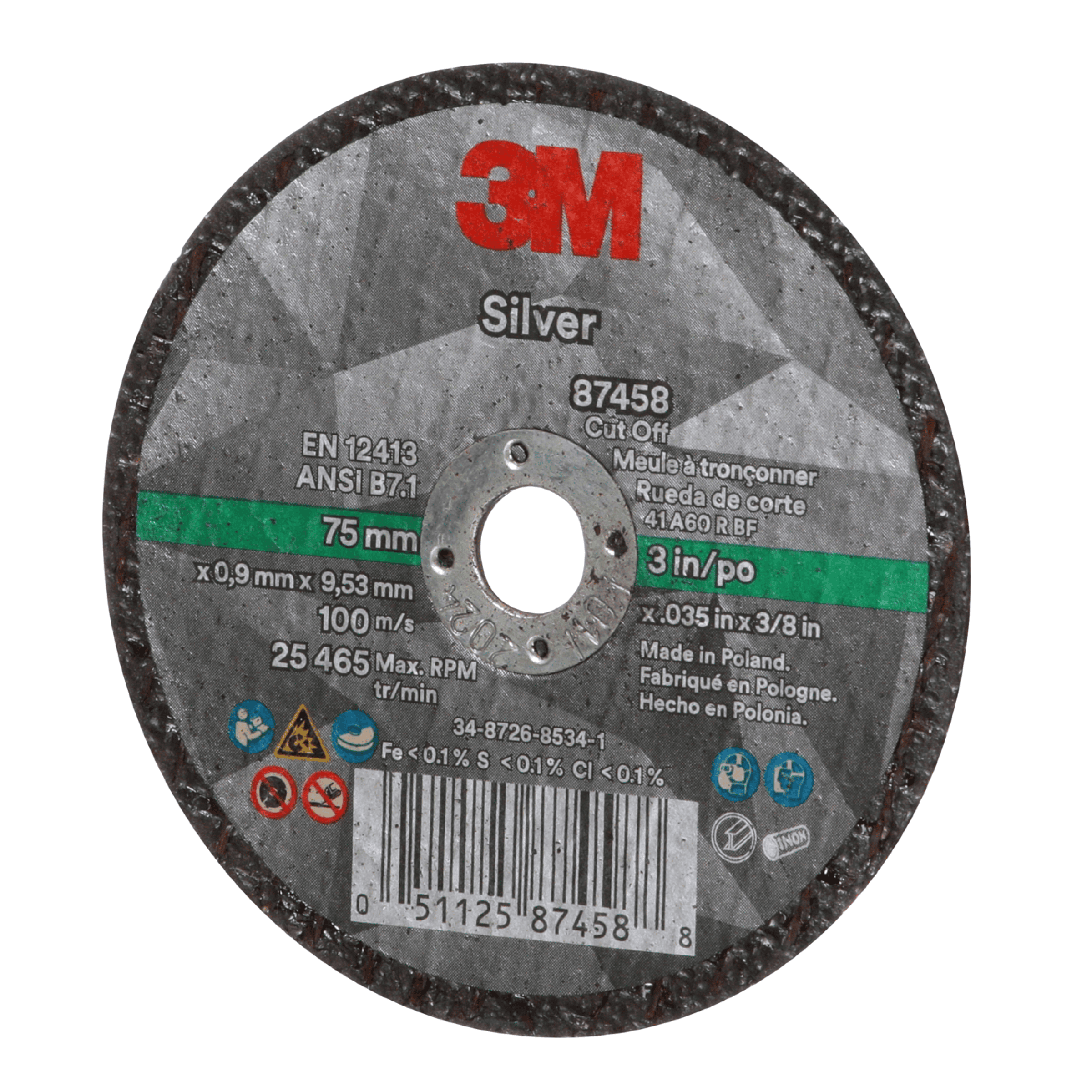 3M™ Silver Cut-Off Wheel, 87458, 60+, T1, 3 in x 0.035 in x 3/8 in, 50 ea/Case