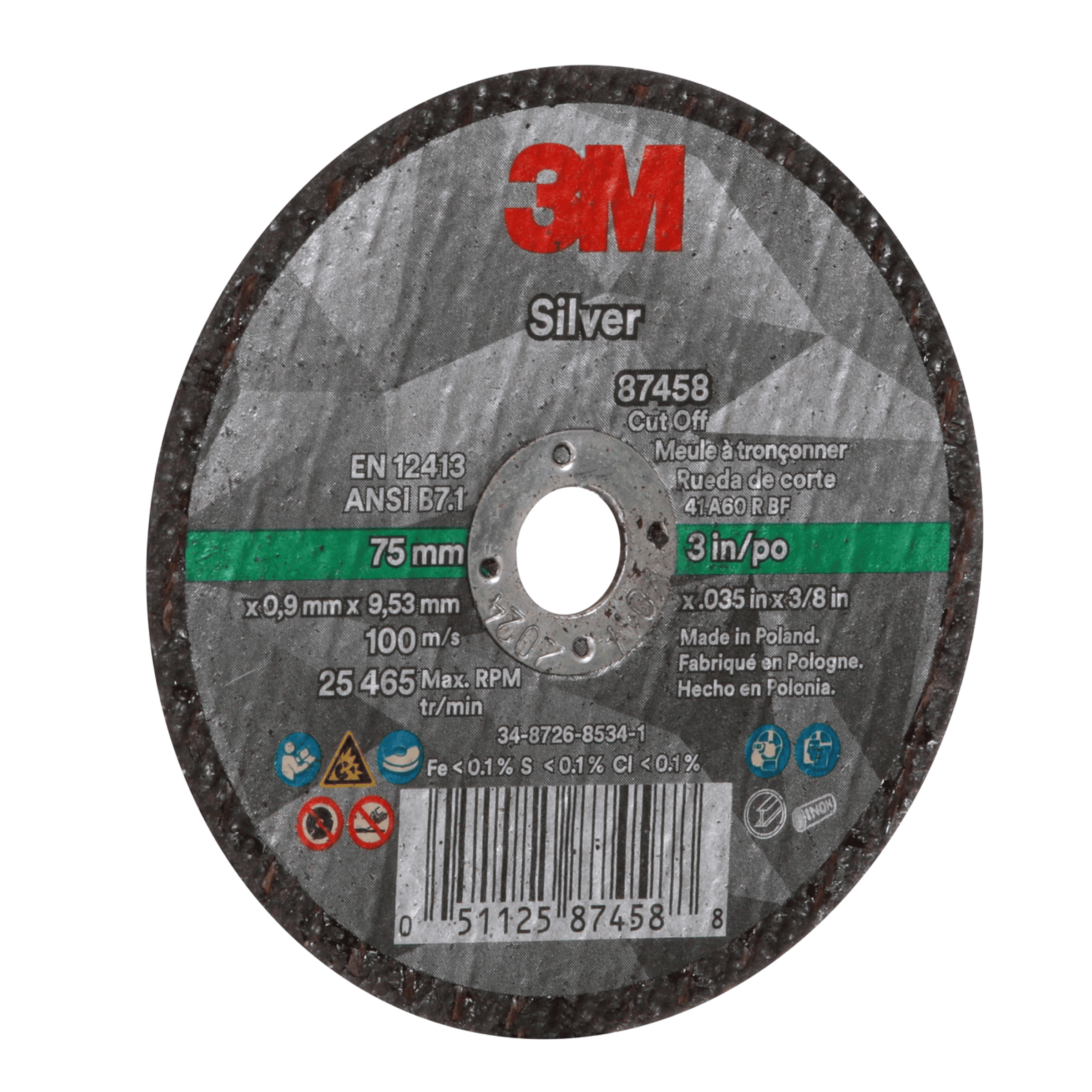 3M™ Silver Cut-Off Wheel, 87458, 60+, T1, 3 in x 0.035 in x 3/8 in, 50 ea/Case