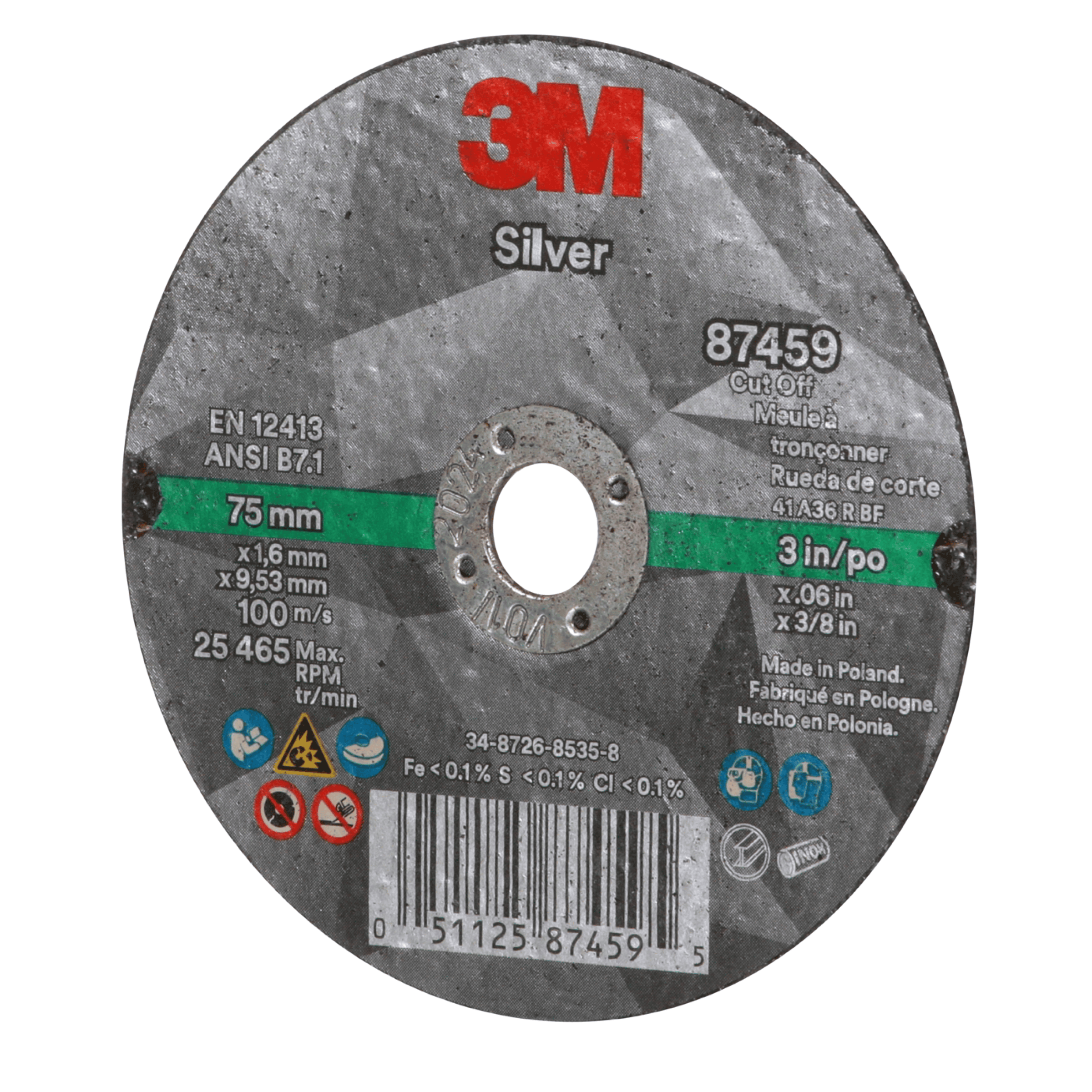 3M™ Silver Cut-Off Wheel, 87459, 36+, T1, 3 in x 0.06 in x 3/8 in, 50 ea/Case