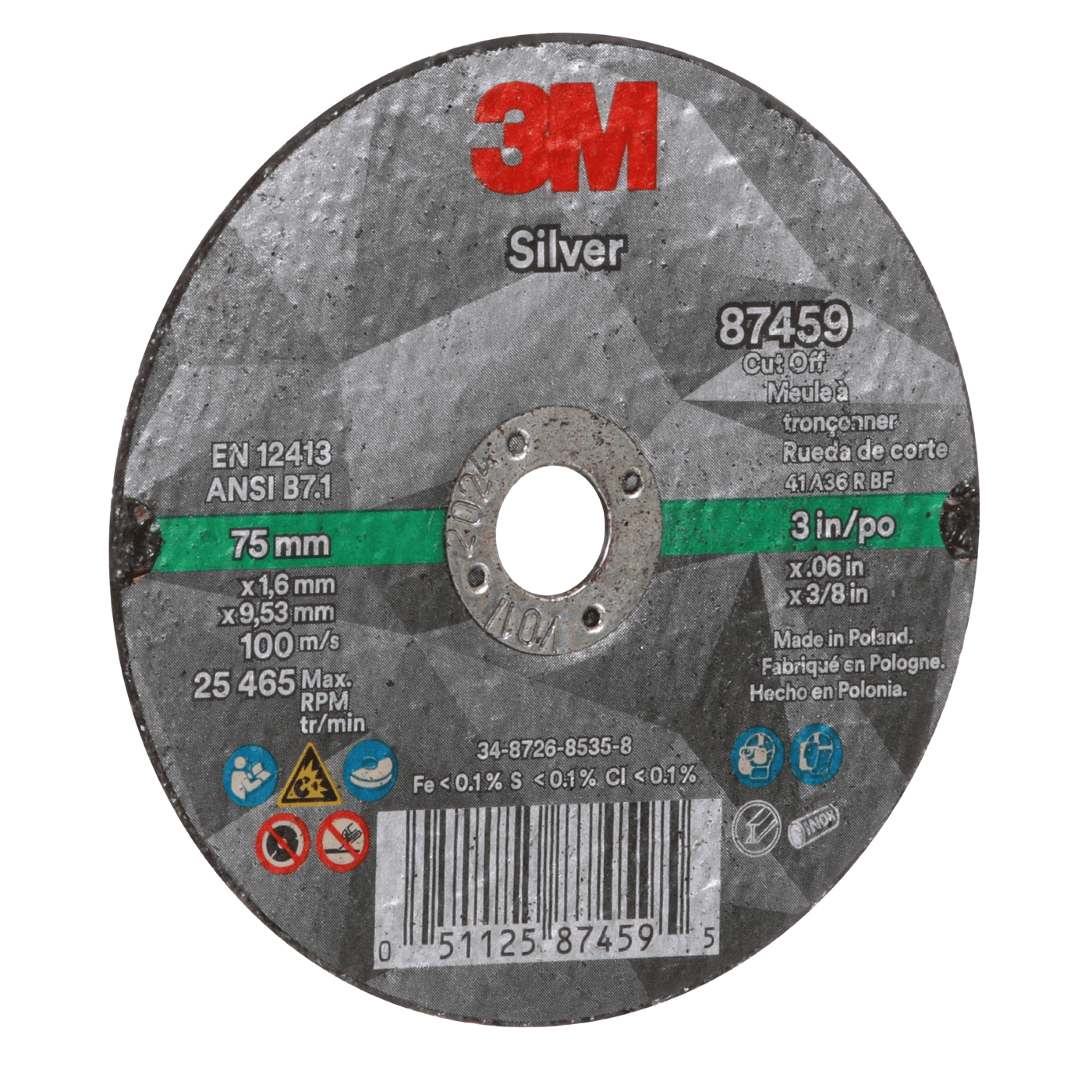 3M™ Silver Cut-Off Wheel, 87459, 36+, T1, 3 in x 0.06 in x 3/8 in, 50 ea/Case