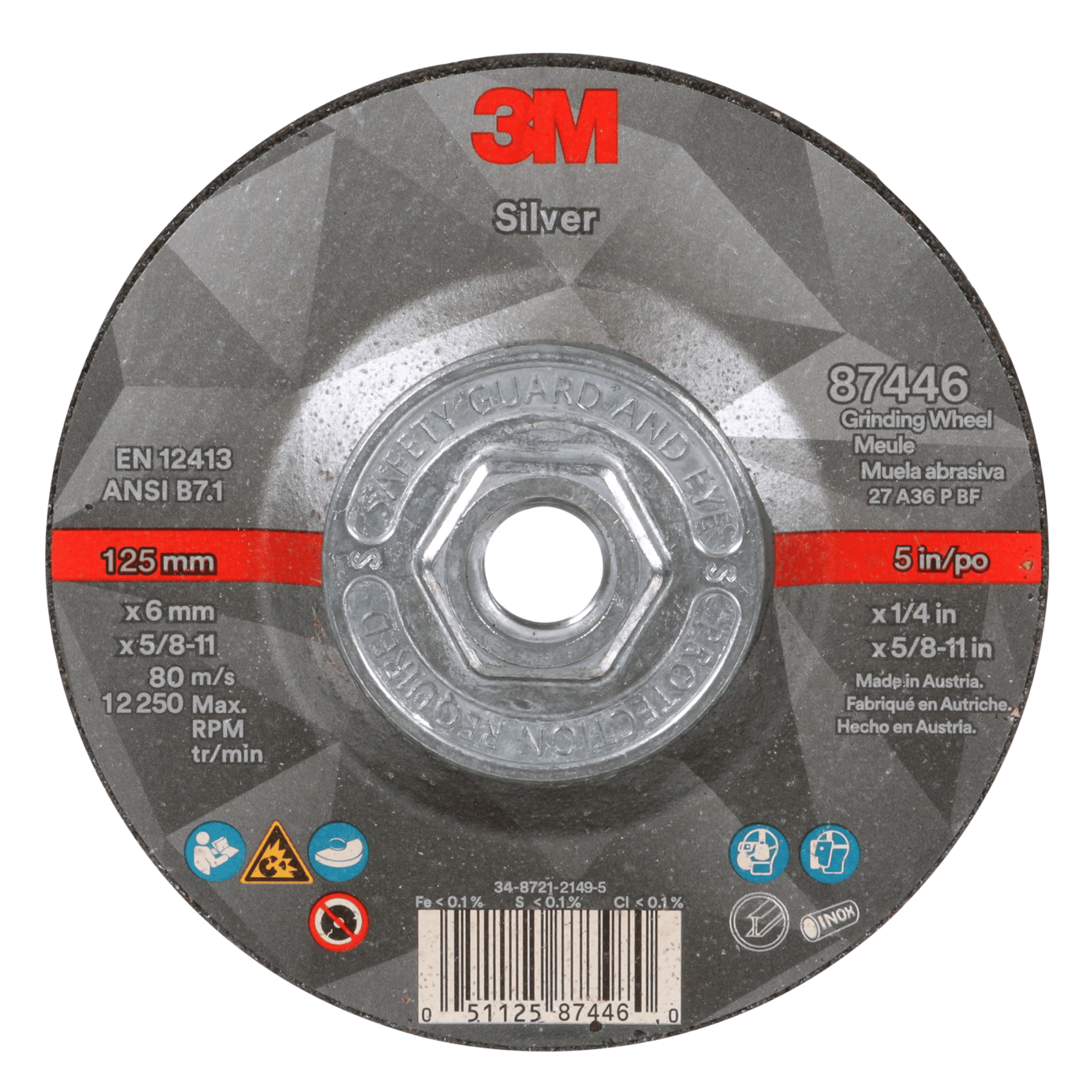 3M™ Silver Depressed Center Grinding Wheel, 87446, 36+, T27 Quick Change, 5 in x 1/4 in x 5/8 in-11, 10/Carton, 20 ea/Case
