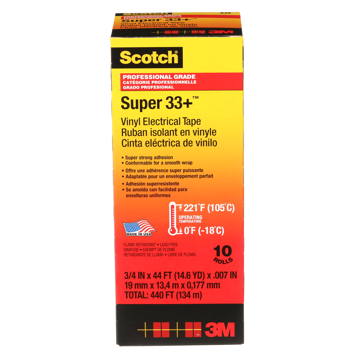 Scotch® Super 33+ Vinyl Electrical Tape, 3/4 in x 44 ft, Black, 10 rolls/carton, 100 rolls/Case