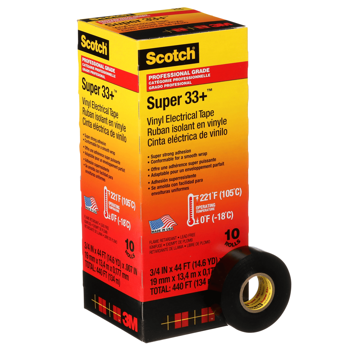 Scotch® Super 33+ Vinyl Electrical Tape, 3/4 in x 44 ft, Black, 10 rolls/carton, 100 rolls/Case