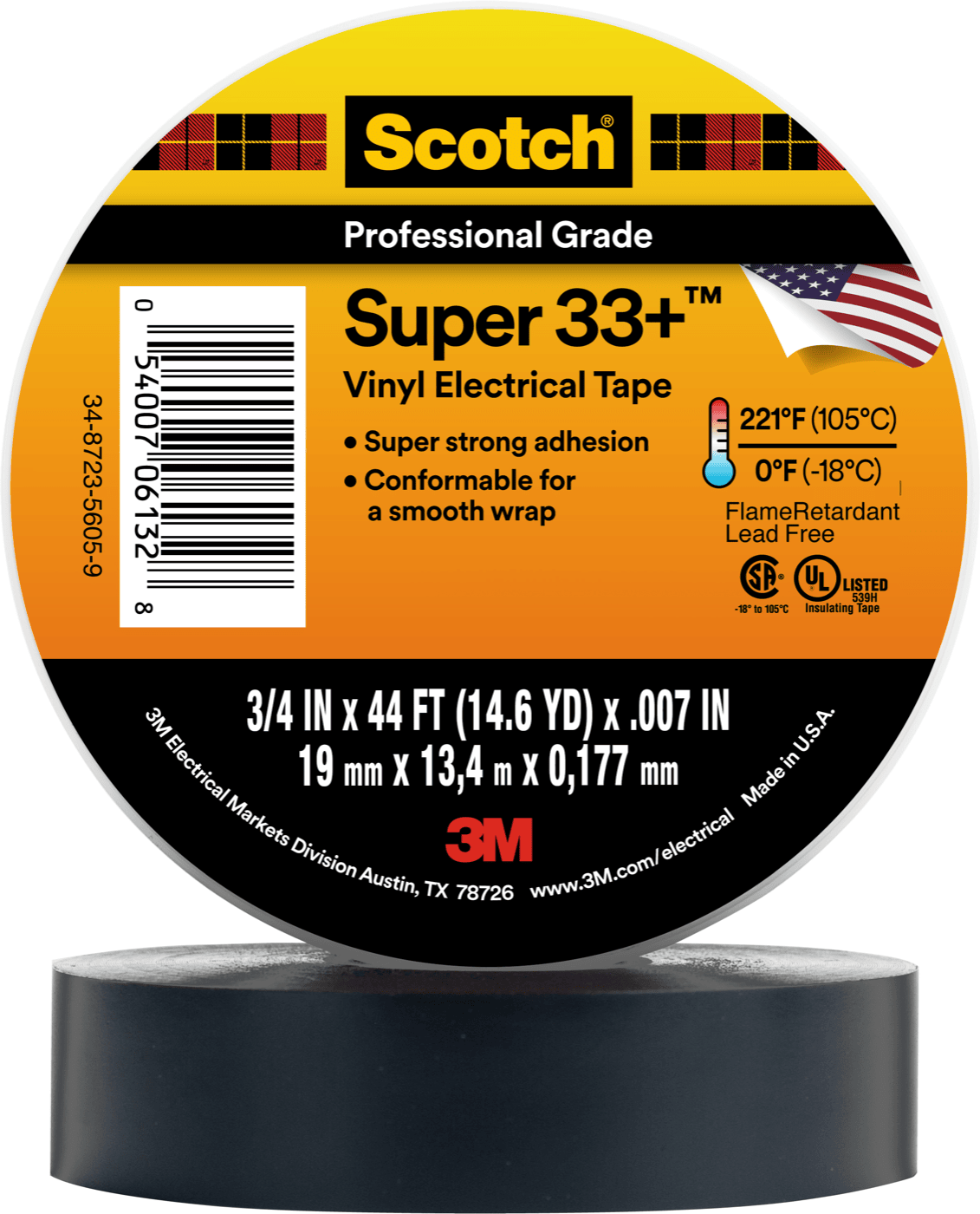 Scotch® Super 33+ Vinyl Electrical Tape, 3/4 in x 44 ft, Black, 10 rolls/carton, 100 rolls/Case