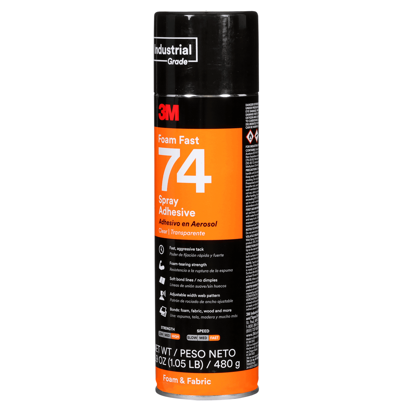 3M™ Foam Fast Spray Adhesive 74, Clear, 24 fl oz Can (Net Wt 16.9 oz), 12/Case, NOT FOR SALE IN CA AND OTHER STATES