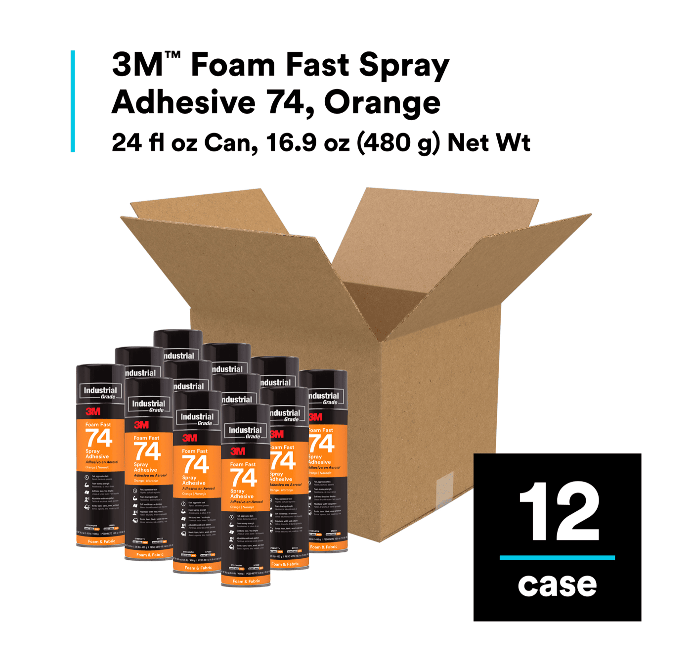 3M™ Foam Fast Spray Adhesive 74, Orange, 24 fl oz Can (Net Wt 16.9 oz), 12/Case, NOT FOR SALE IN CA AND OTHER STATES