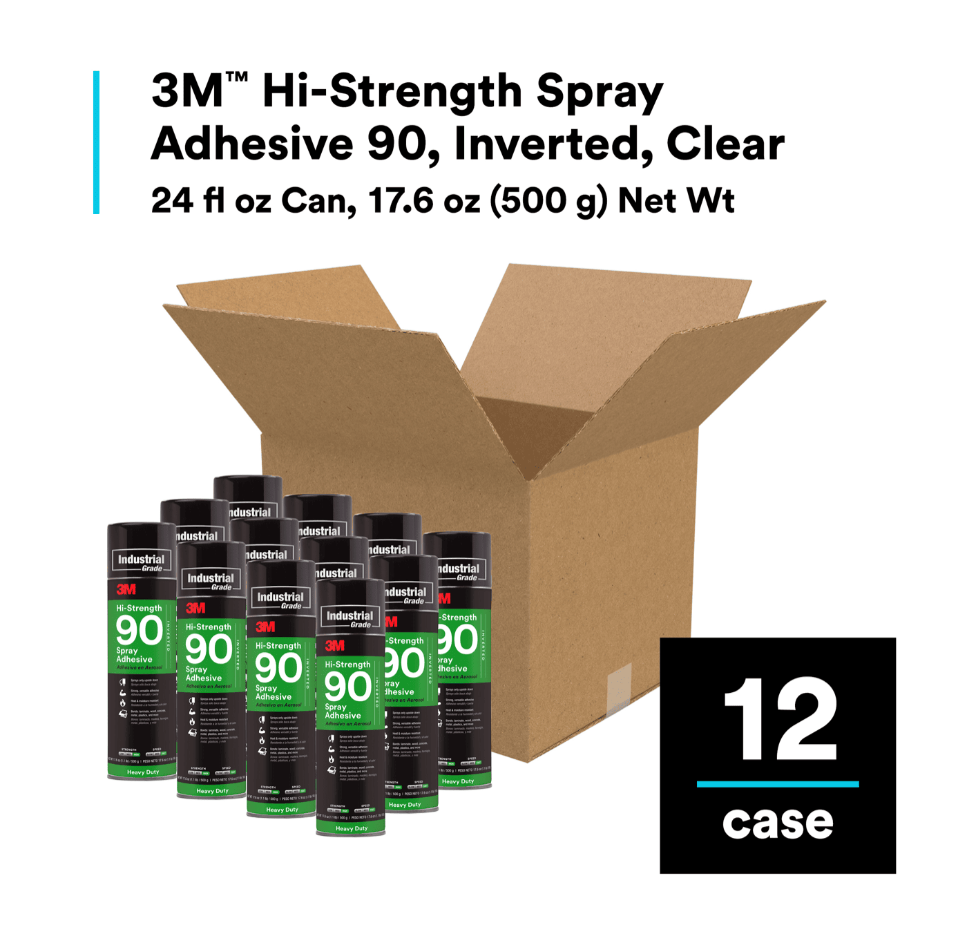 3M™ Hi-Strength Spray Adhesive 90, Inverted, Clear, 24 fl oz Can (Net Wt 17.6 oz), 12/Case, NOT FOR SALE IN CA AND OTHER STATES