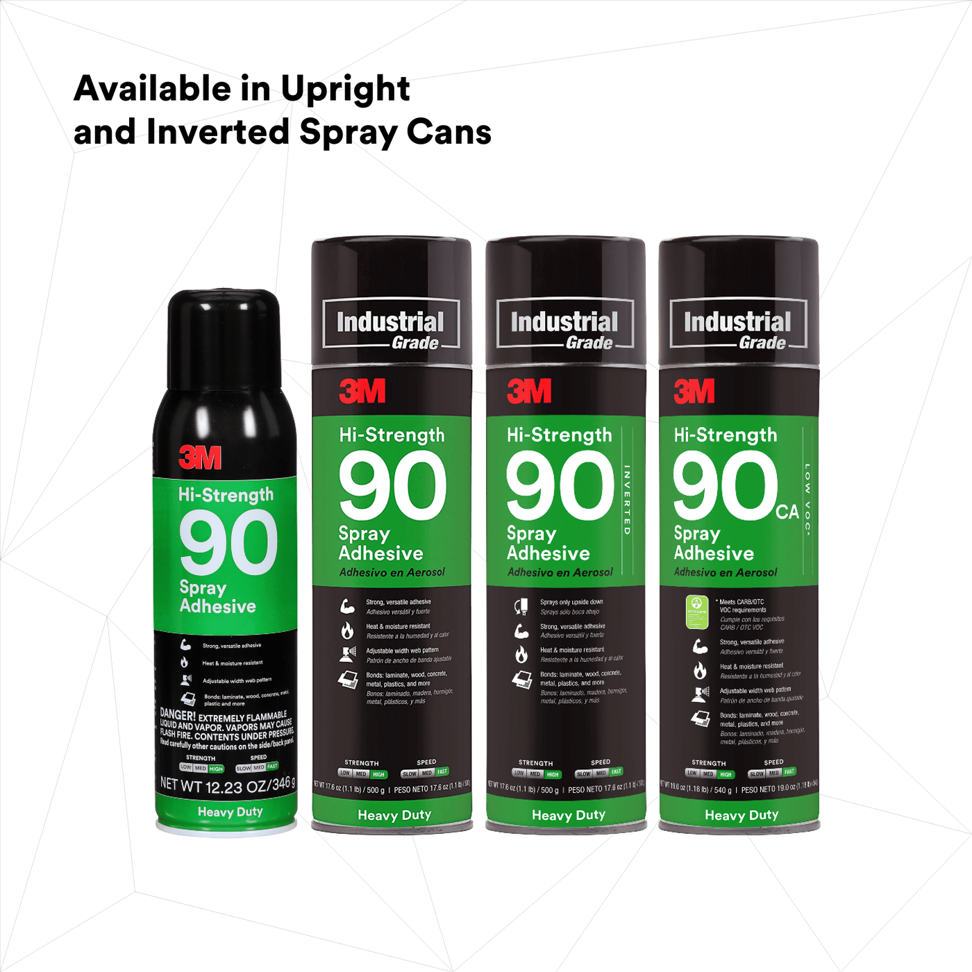 3M™ Hi-Strength Spray Adhesive 90, Inverted, Clear, 24 fl oz Can (Net Wt 17.6 oz), 12/Case, NOT FOR SALE IN CA AND OTHER STATES