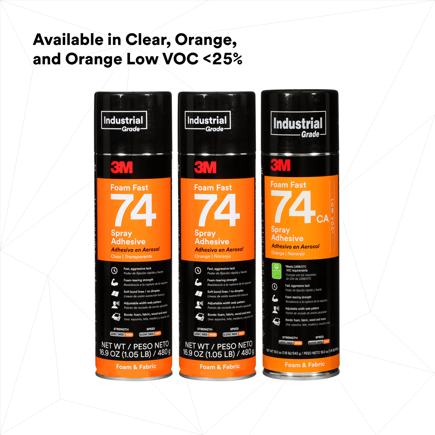 3M™ Foam Fast Spray Adhesive 74, Orange, 24 fl oz Can (Net Wt 16.9 oz), 12/Case, NOT FOR SALE IN CA AND OTHER STATES