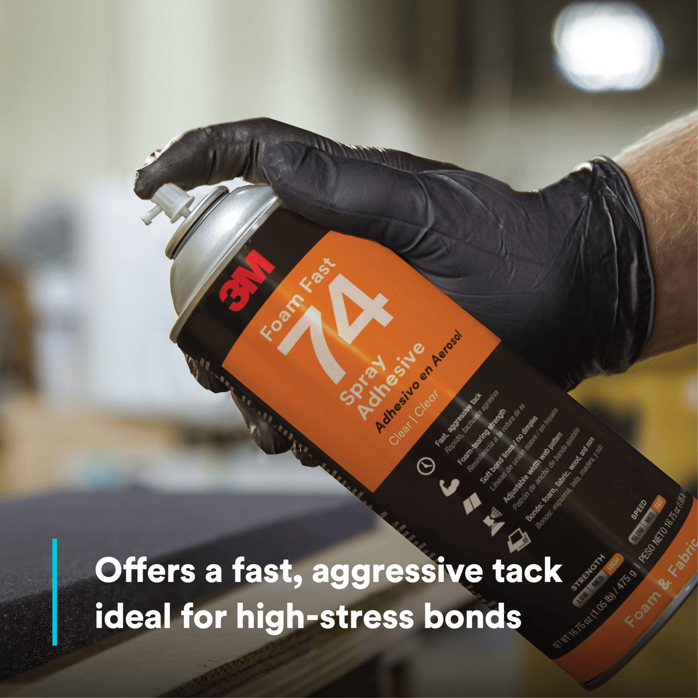 3M™ Foam Fast Spray Adhesive 74, Clear, 24 fl oz Can (Net Wt 16.9 oz), 12/Case, NOT FOR SALE IN CA AND OTHER STATES