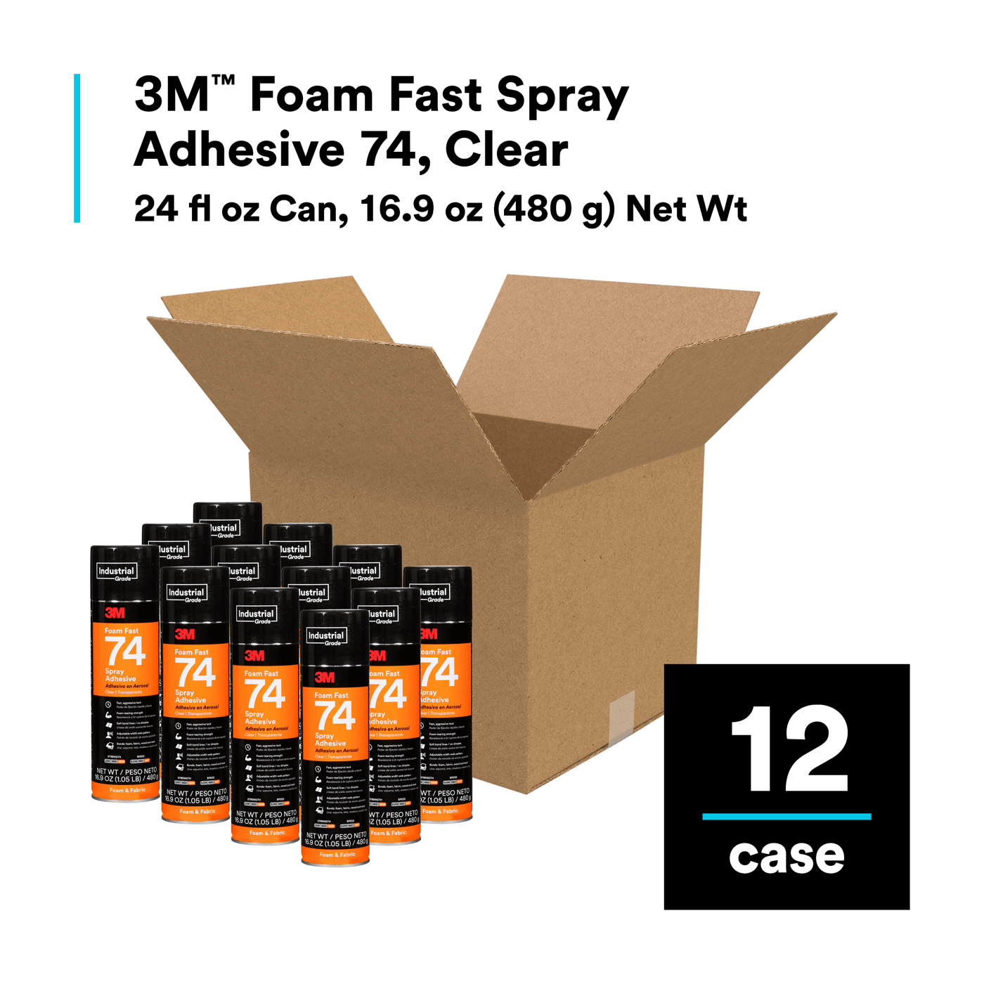 3M™ Foam Fast Spray Adhesive 74, Clear, 24 fl oz Can (Net Wt 16.9 oz), 12/Case, NOT FOR SALE IN CA AND OTHER STATES