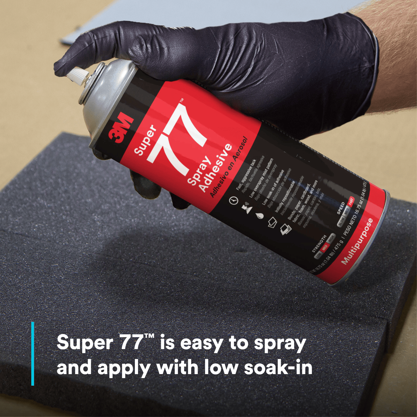 3M™ Super 77™ Multipurpose Spray Adhesive, 24 fl oz Can (Net Wt 16.75 oz), 12/Case, NOT FOR SALE IN CA AND OTHER STATES