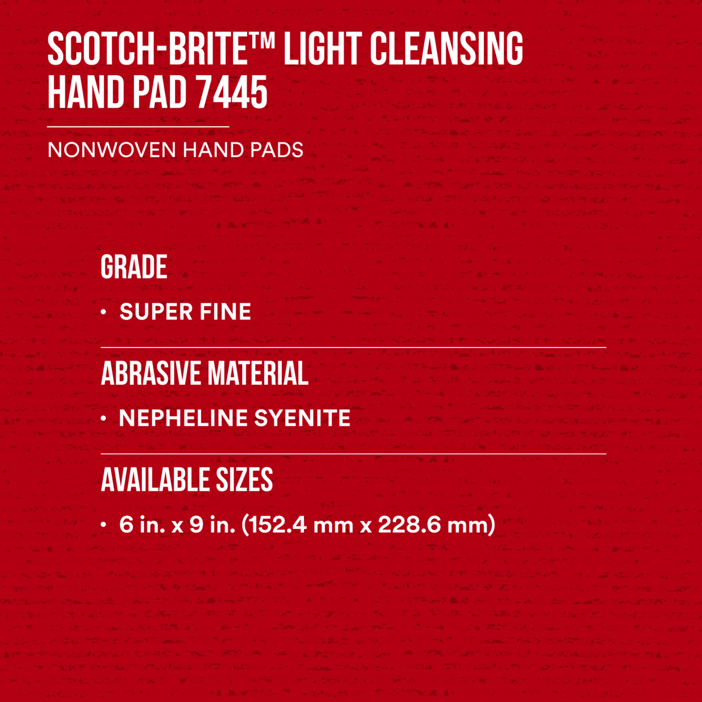 Scotch-Brite™ Light Cleansing Hand Pad 7445, HP-HP, Nepheline Syenite Super Fine, White, 6 in x 9 in, 20/Inner, 60 ea/Case