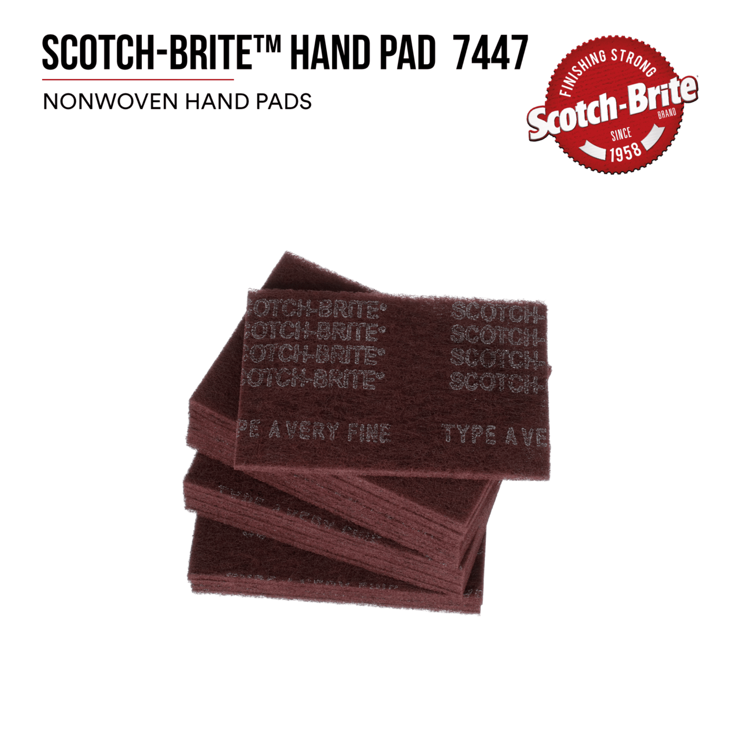 Scotch-Brite™ Hand Pad 7447, HP-HP, A/O Very Fine, Maroon, 6 in x 9 in, 20/Carton, 60 ea/Case