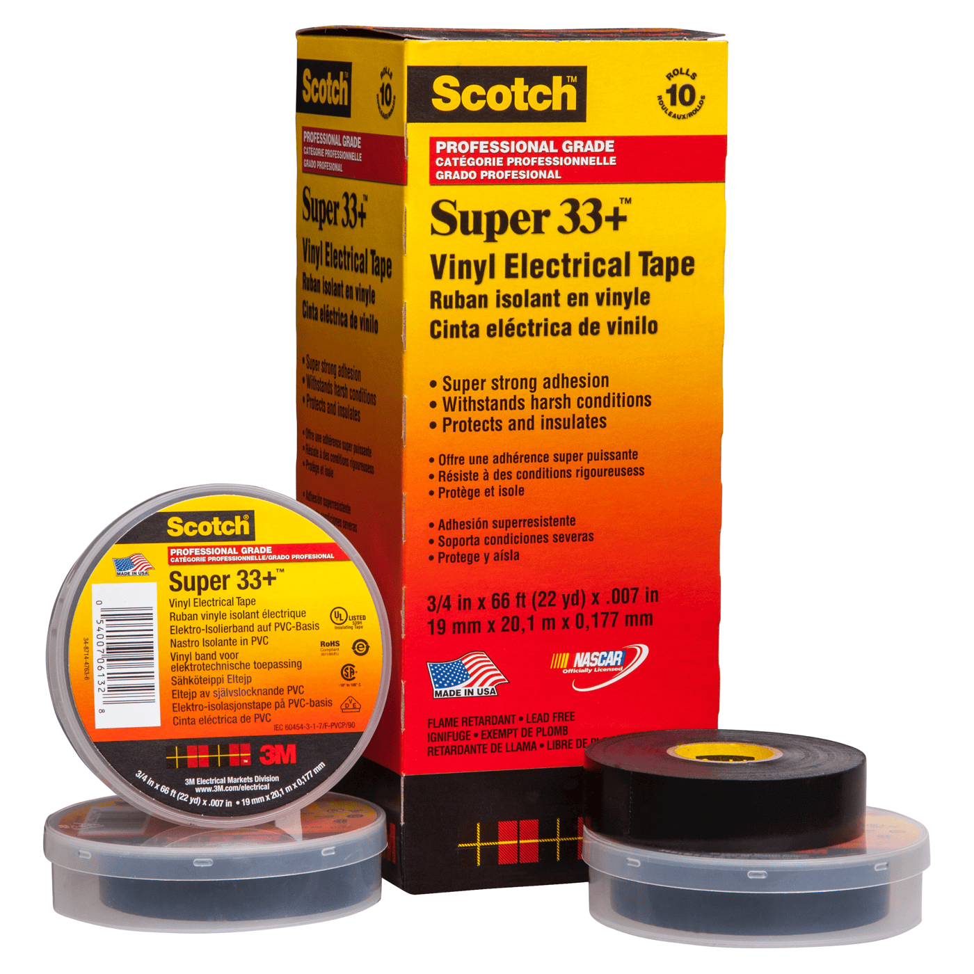 Scotch® Super 33+ Vinyl Electrical Tape, 3/4 in x 44 ft, Black, 10 rolls/carton, 100 rolls/Case