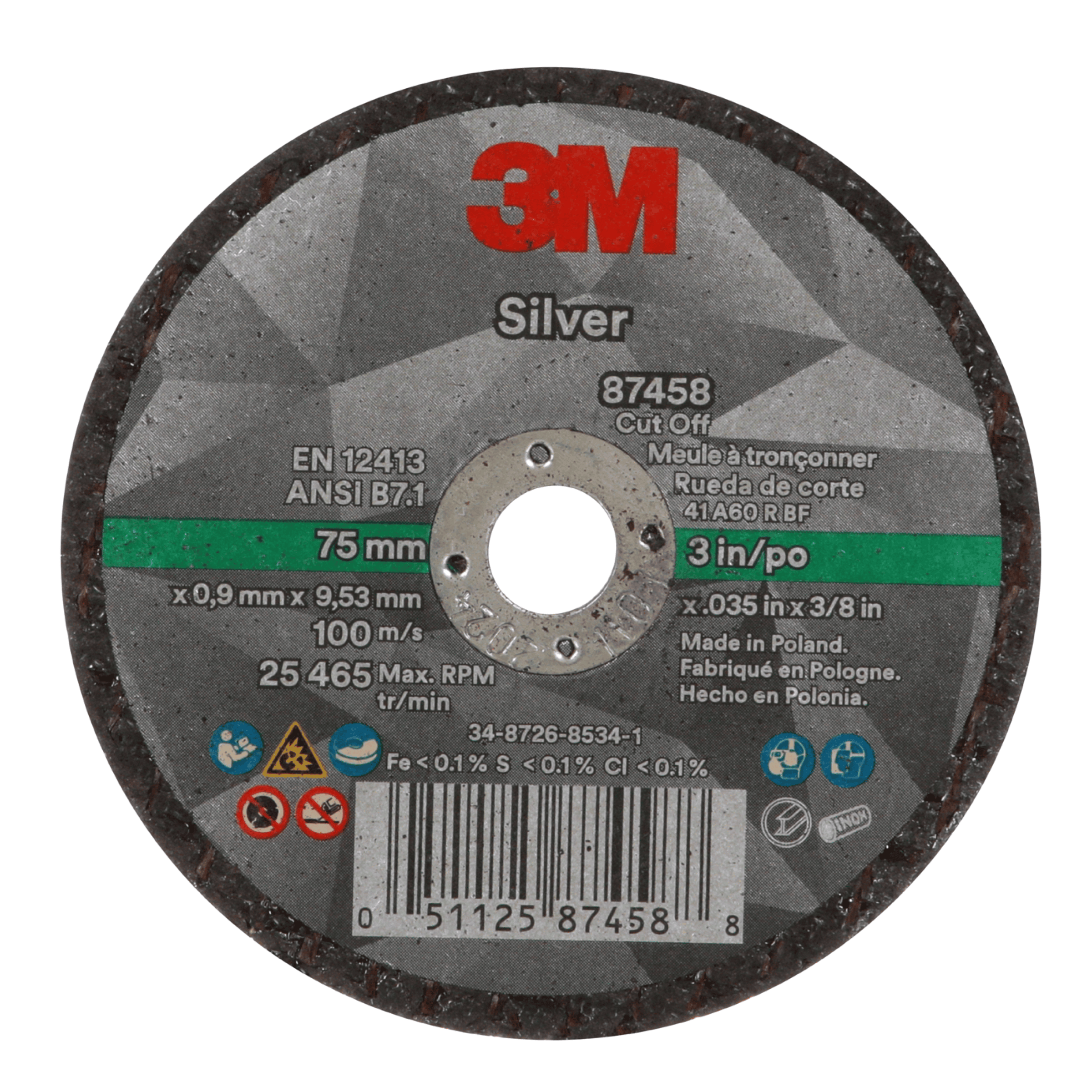 3M™ Silver Cut-Off Wheel, 87458, 60+, T1, 3 in x 0.035 in x 3/8 in, 50 ea/Case