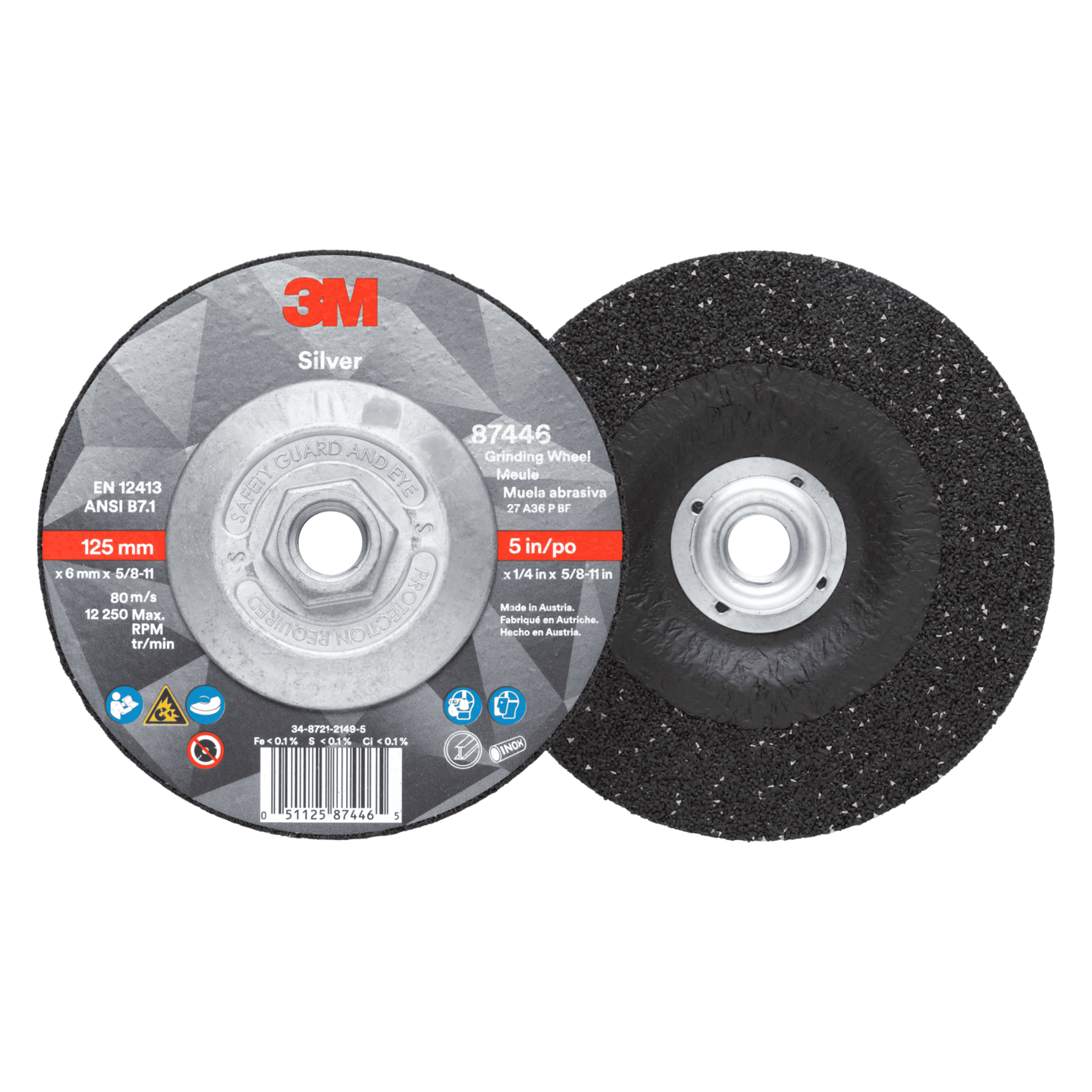 3M™ Silver Depressed Center Grinding Wheel, 87446, 36+, T27 Quick Change, 5 in x 1/4 in x 5/8 in-11, 10/Carton, 20 ea/Case