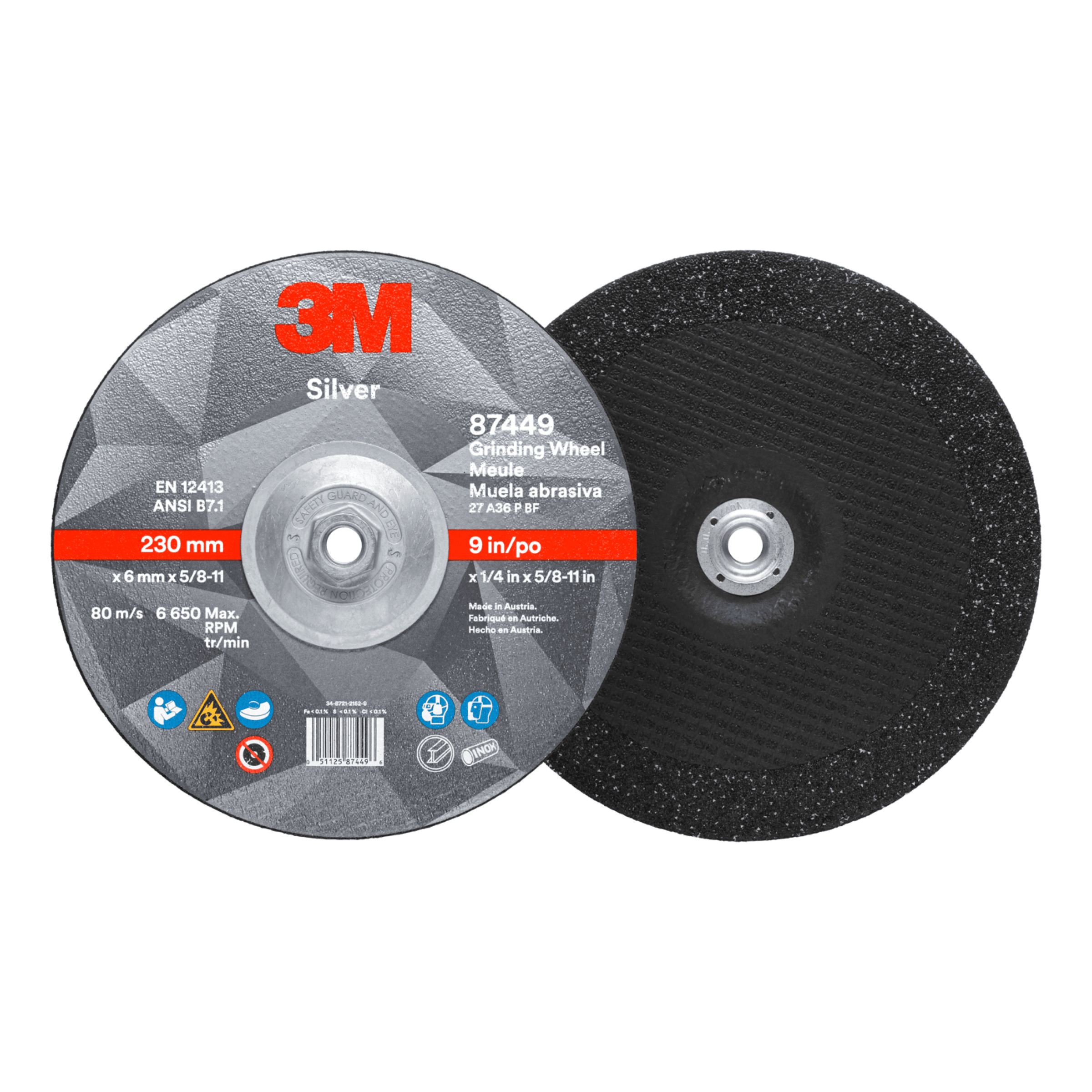 3M™ Silver Depressed Center Grinding Wheel, 87449, 36+, T27 Quick Change, 9 in x 1/4 in x 5/8 in-11, 10/Carton, 20 ea/Case