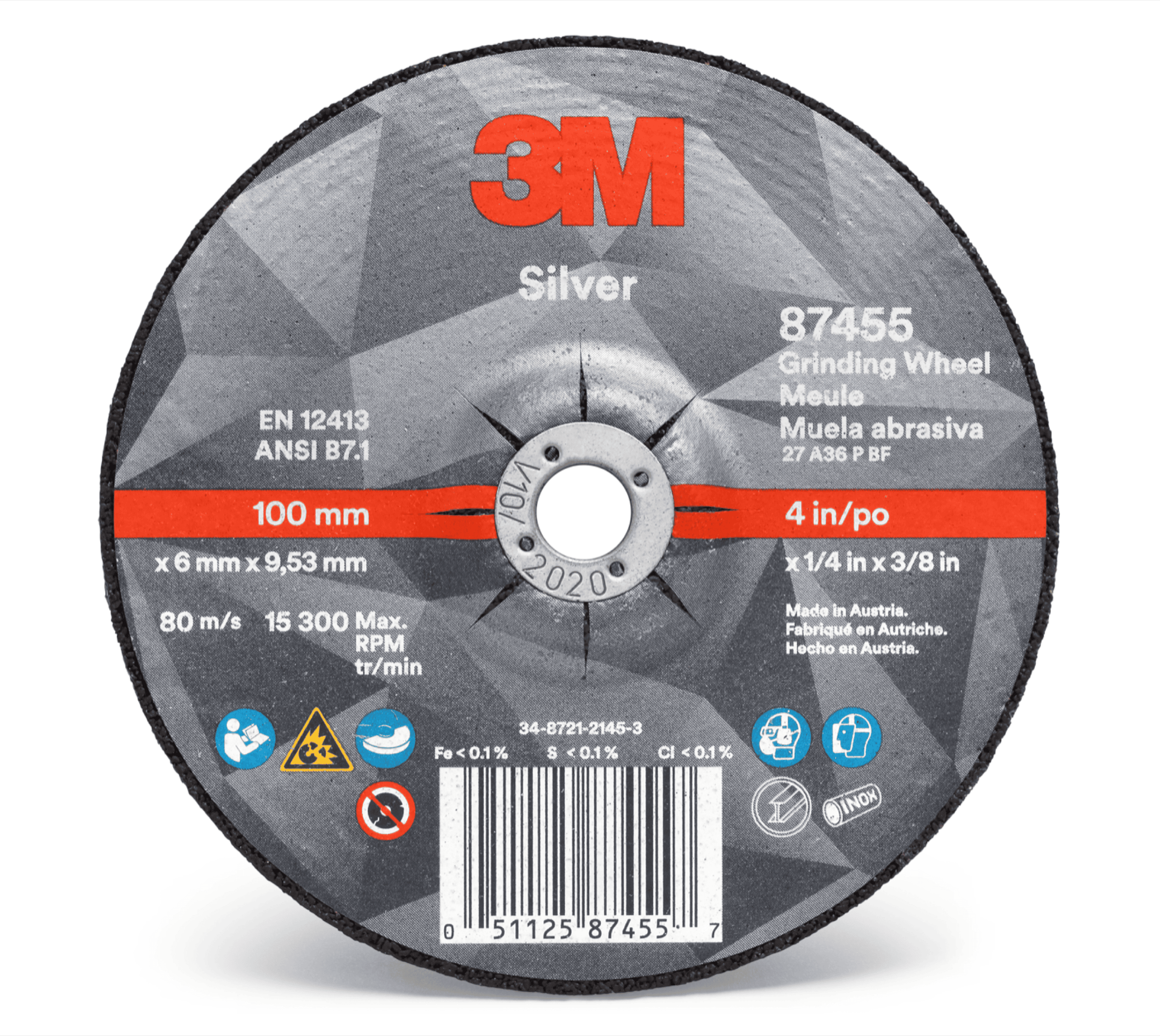 3M™ Silver Depressed Center Grinding Wheel, 87455, 36+, T27, 4 in x 1/4 in x 3/8 in, 10/Carton, 20 ea/Case