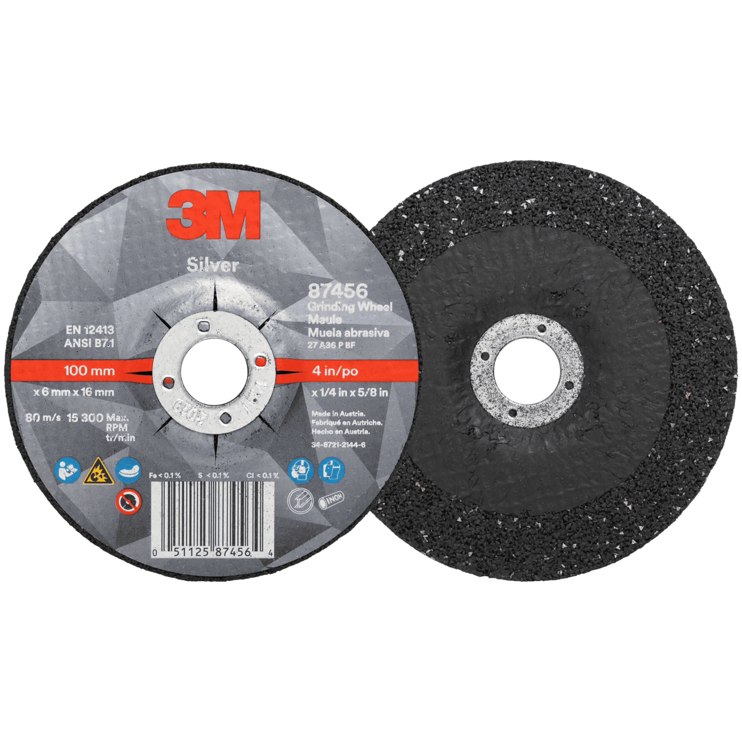 3M™ Silver Depressed Center Grinding Wheel, 87456, 36+, T27, 4 in x 1/4 in x 5/8 in, 10/Carton, 20 ea/Case