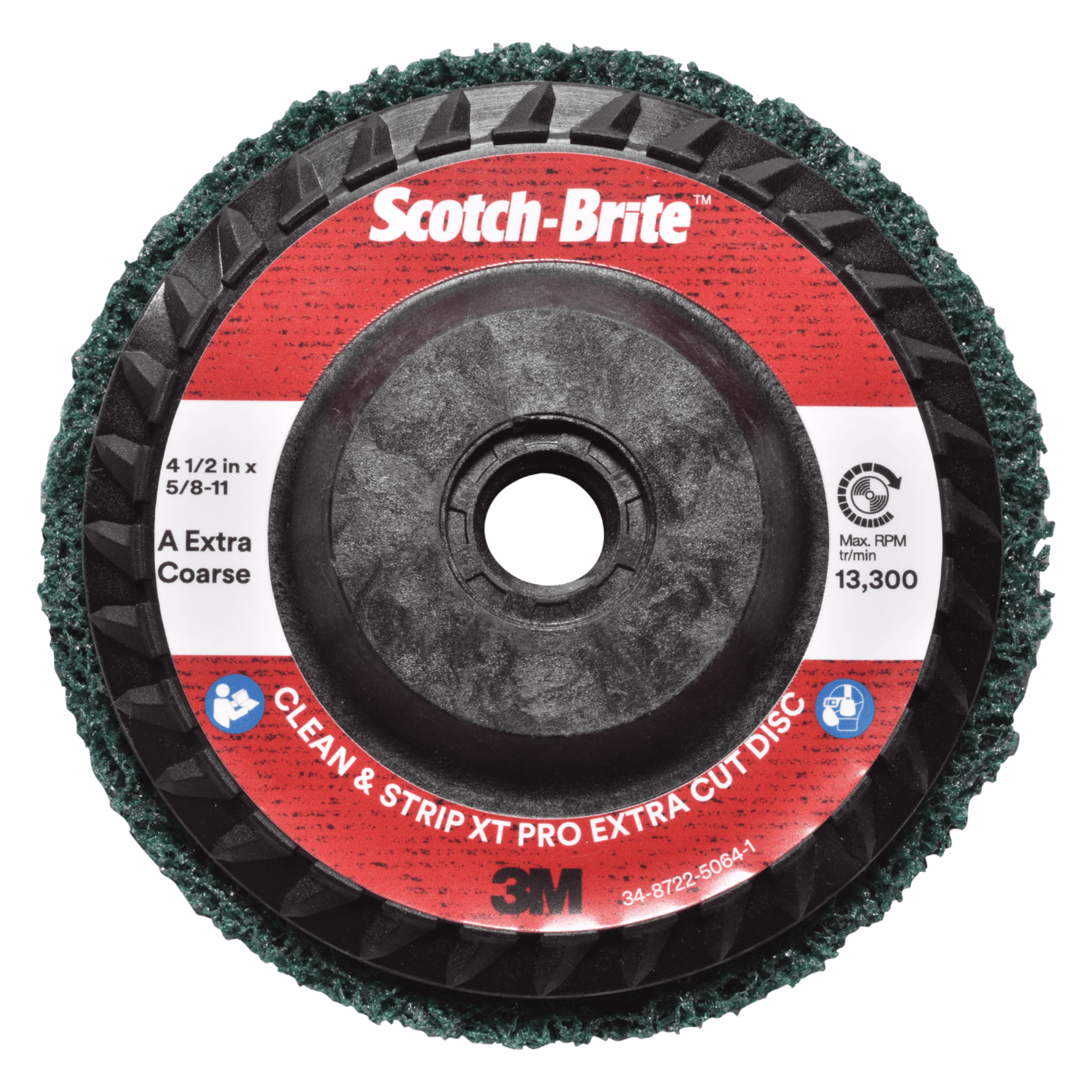 Scotch-Brite™ Clean and Strip XT Pro Extra Cut Disc, XC-DC, A/O Extra Coarse, Green, 4-1/2 in x 7/8 in, Type 27, 10 ea/Case