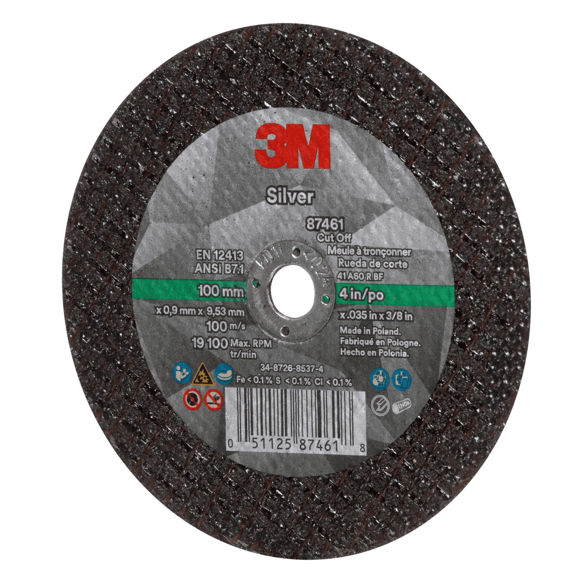 3M™ Silver Cut-Off Wheel, 87461, 60+, T1, 4 in x 0.035 in x 3/8 in, 50 ea/Case
