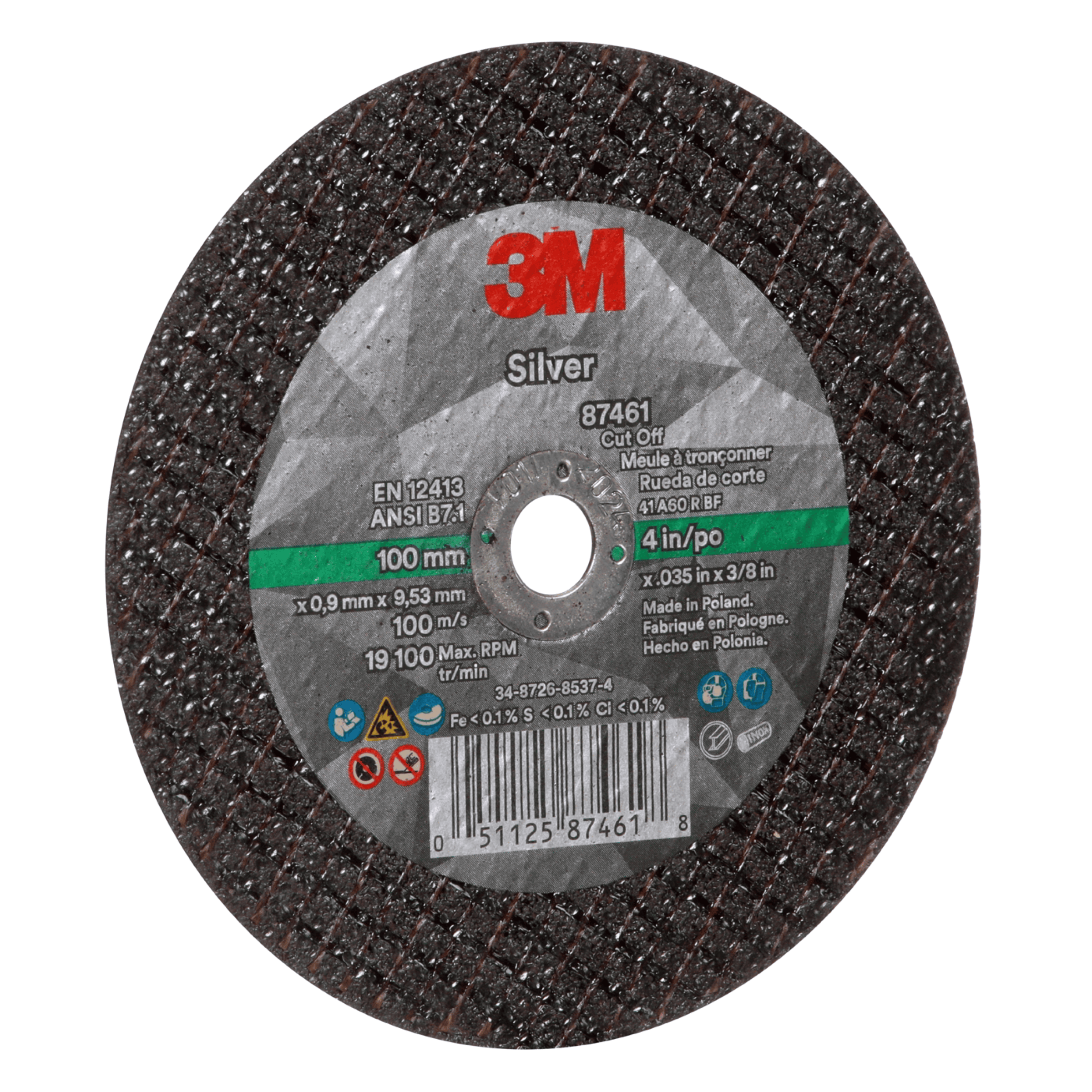 3M™ Silver Cut-Off Wheel, 87461, 60+, T1, 4 in x 0.035 in x 3/8 in, 50 ea/Case