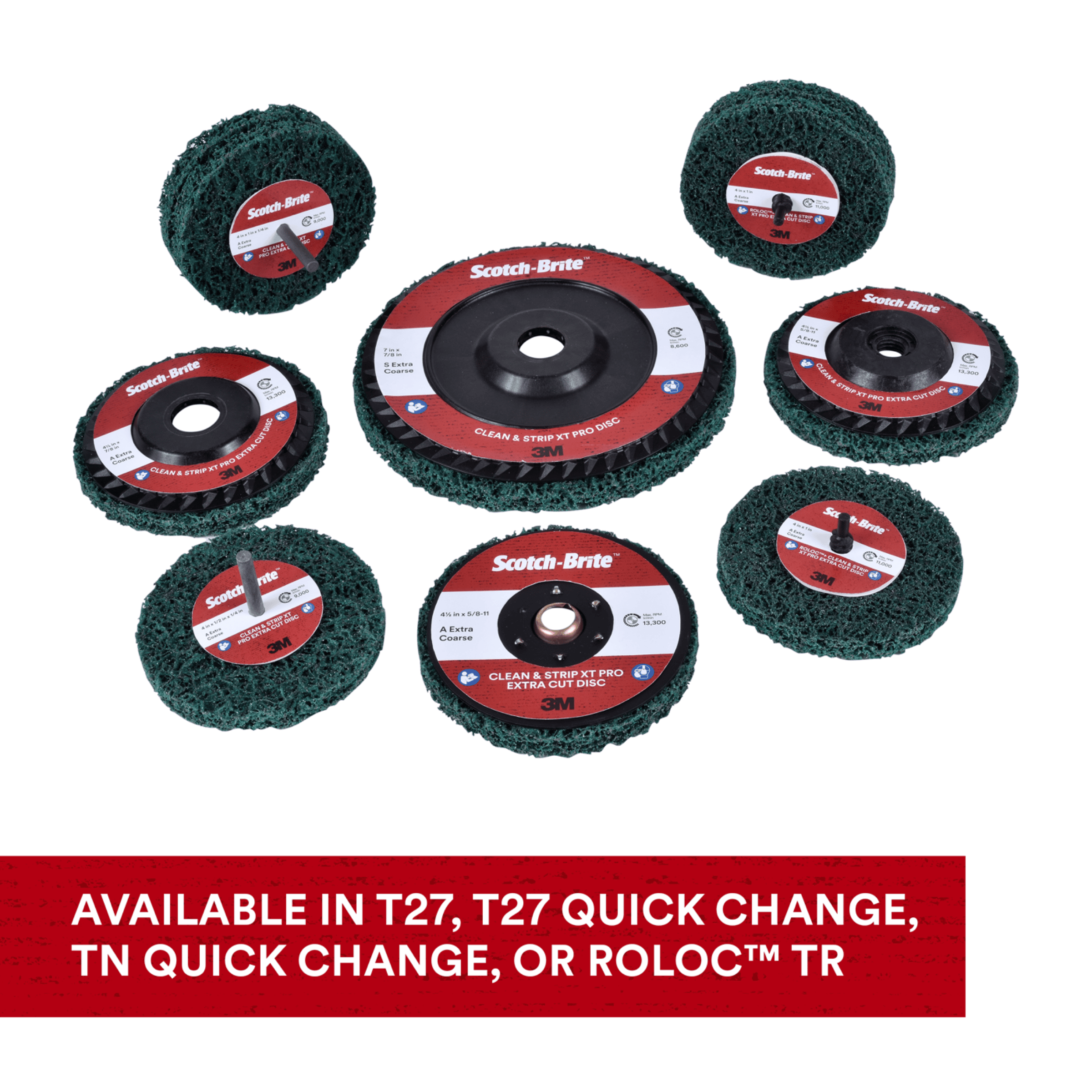 Scotch-Brite™ Clean and Strip XT Pro Extra Cut Disc, XC-DC, A/O Extra Coarse, Green, 4-1/2 in x 7/8 in, Type 27, 10 ea/Case