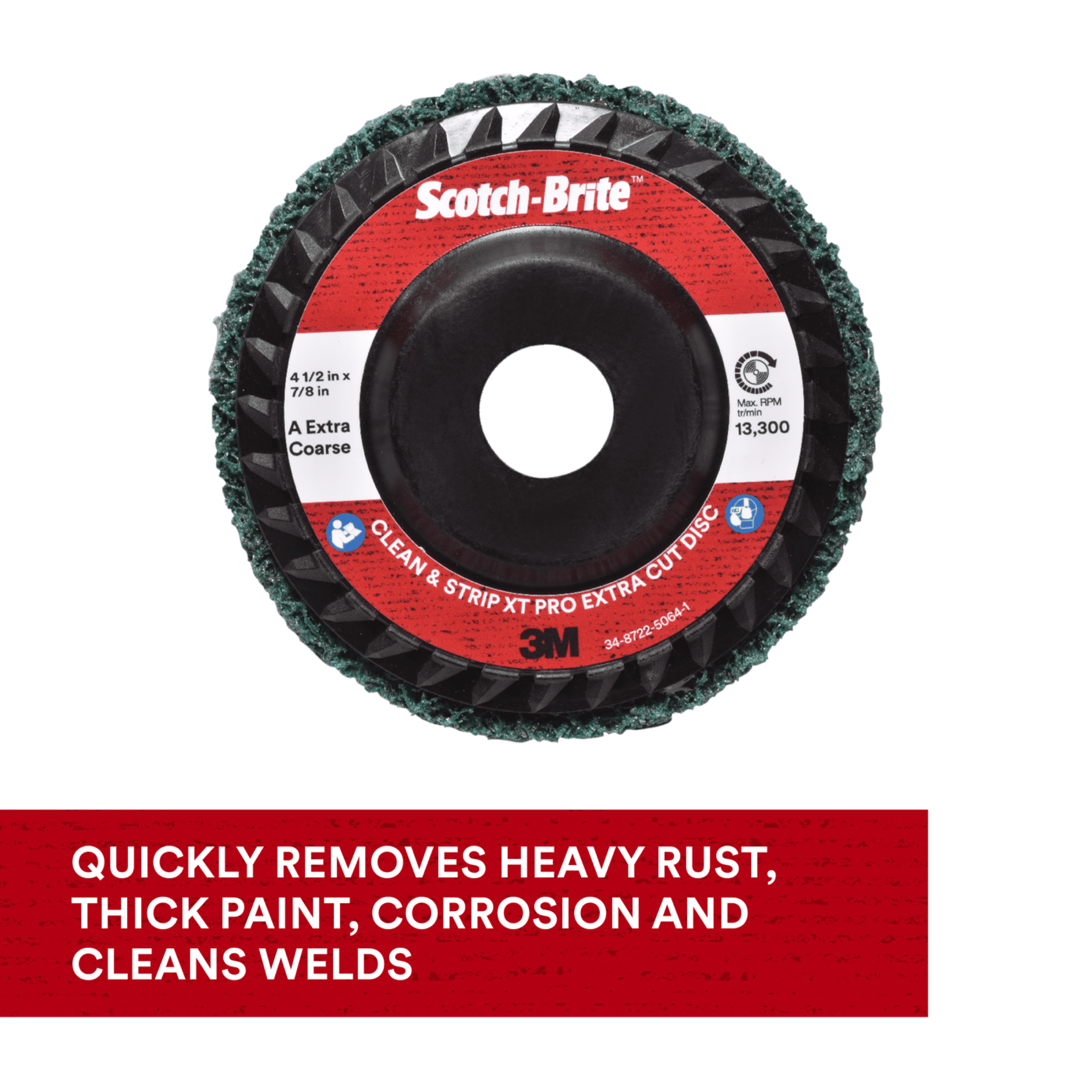 Scotch-Brite™ Clean and Strip XT Pro Extra Cut Disc, XC-DC, A/O Extra Coarse, Green, 4-1/2 in x 7/8 in, Type 27, 10 ea/Case