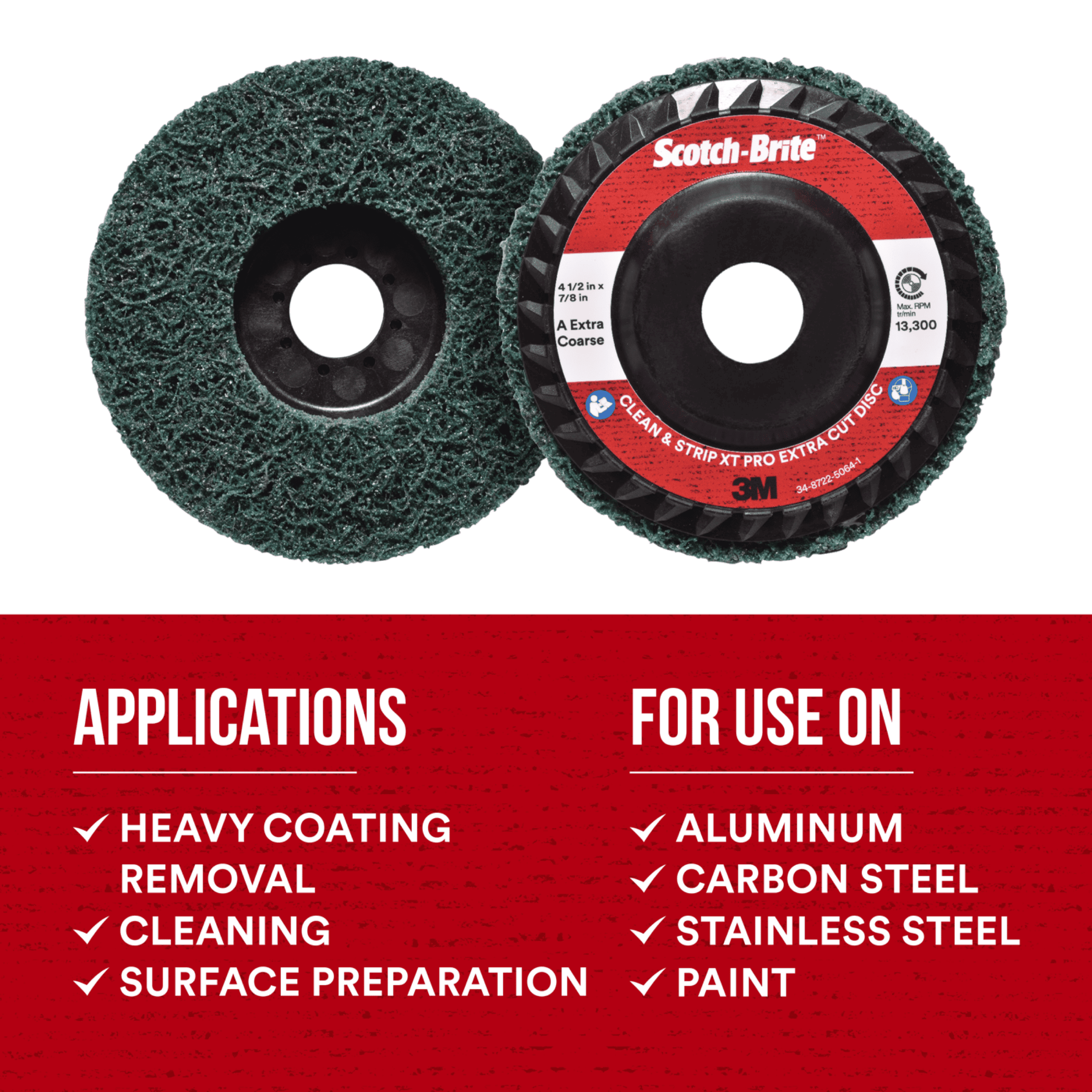 Scotch-Brite™ Clean and Strip XT Pro Extra Cut Disc, XC-DC, A/O Extra Coarse, Green, 4-1/2 in x 7/8 in, Type 27, 10 ea/Case