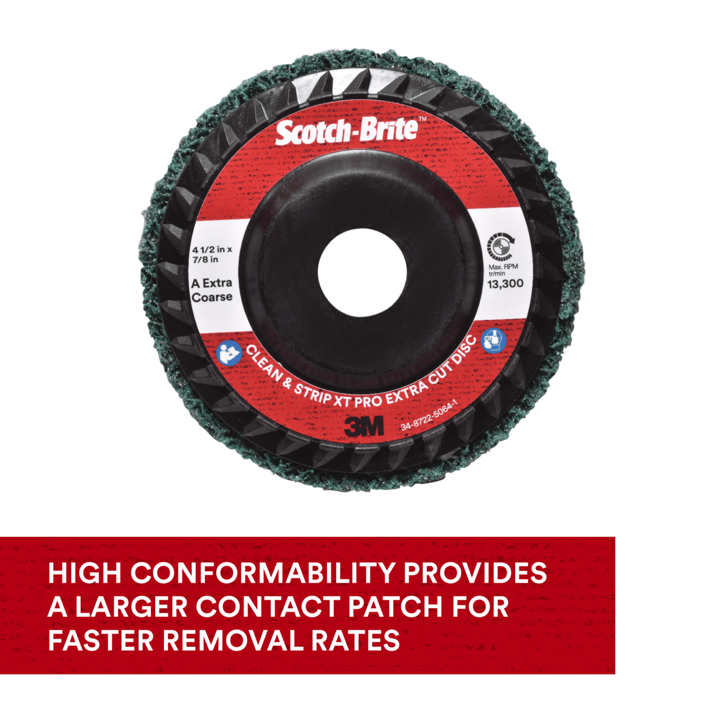 Scotch-Brite™ Clean and Strip XT Pro Extra Cut Disc, XC-DC, A/O Extra Coarse, Green, 4-1/2 in x 7/8 in, Type 27, 10 ea/Case