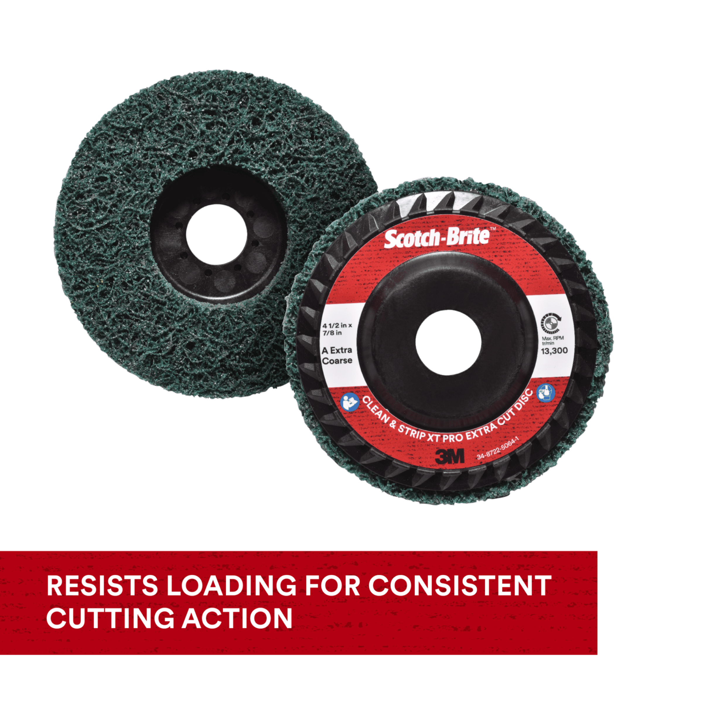 Scotch-Brite™ Clean and Strip XT Pro Extra Cut Disc, XC-DC, A/O Extra Coarse, Green, 4-1/2 in x 7/8 in, Type 27, 10 ea/Case