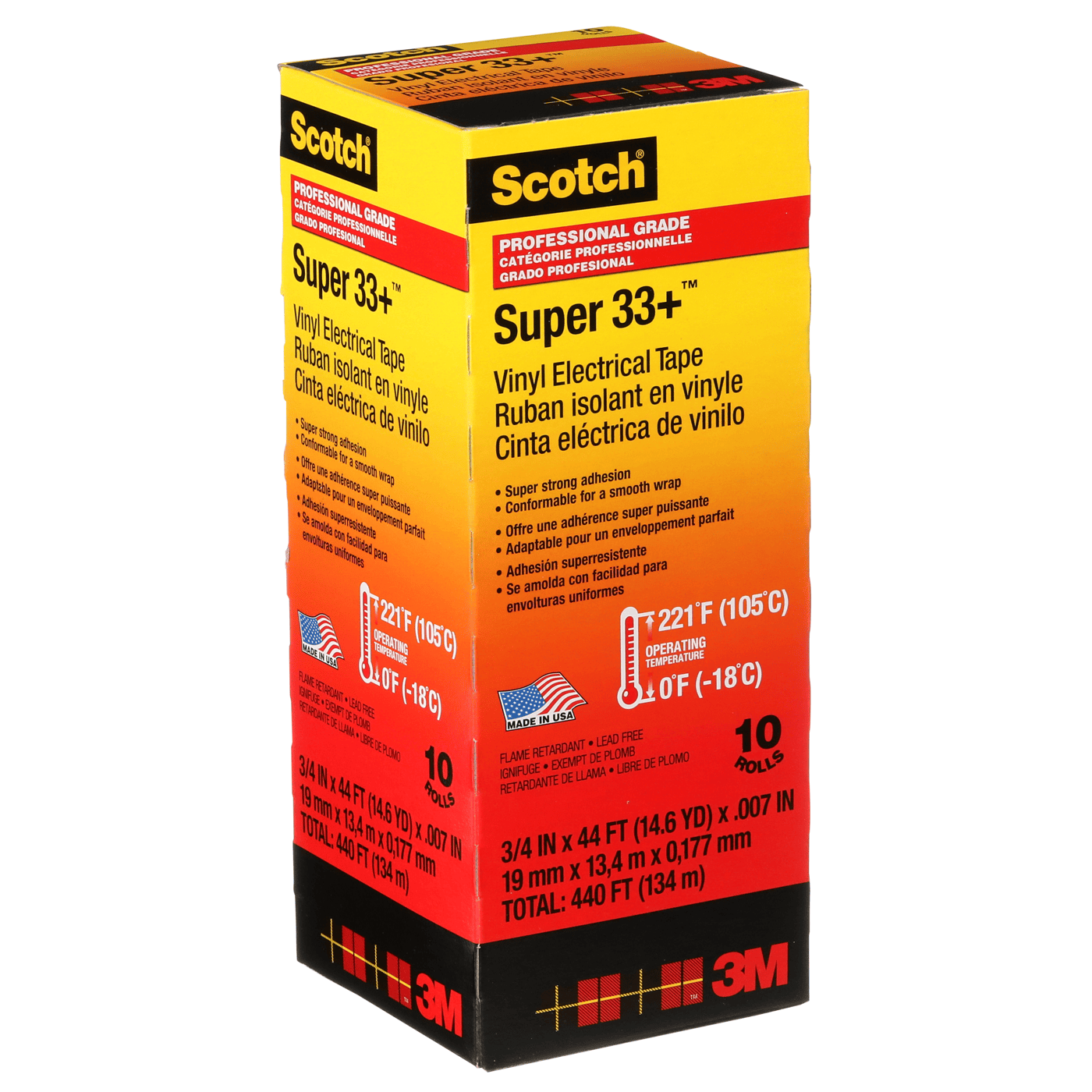 Scotch® Super 33+ Vinyl Electrical Tape, 3/4 in x 44 ft, Black, 10 rolls/carton, 100 rolls/Case