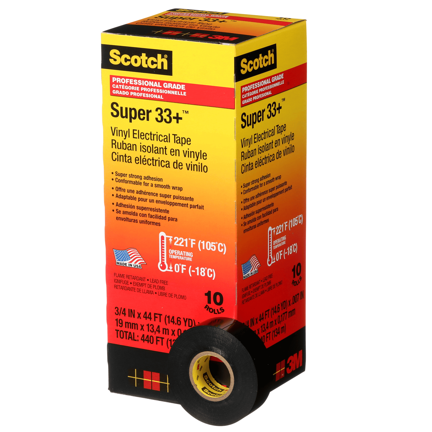 Scotch® Super 33+ Vinyl Electrical Tape, 3/4 in x 44 ft, Black, 10 rolls/carton, 100 rolls/Case