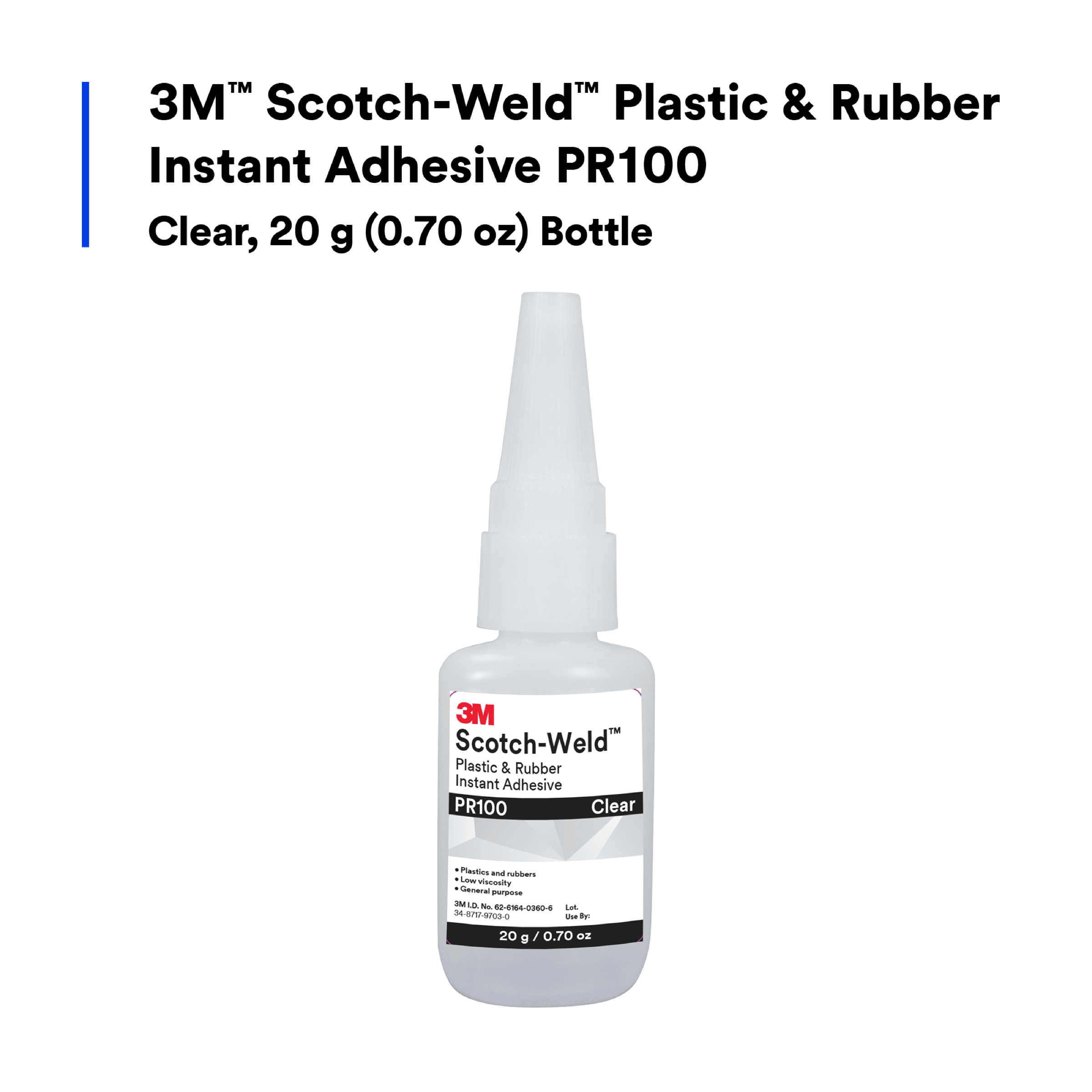 3M™ Scotch-Weld™ Plastic & Rubber Instant Adhesive PR100, Clear, 20 Gram, 10 Bottles/Case